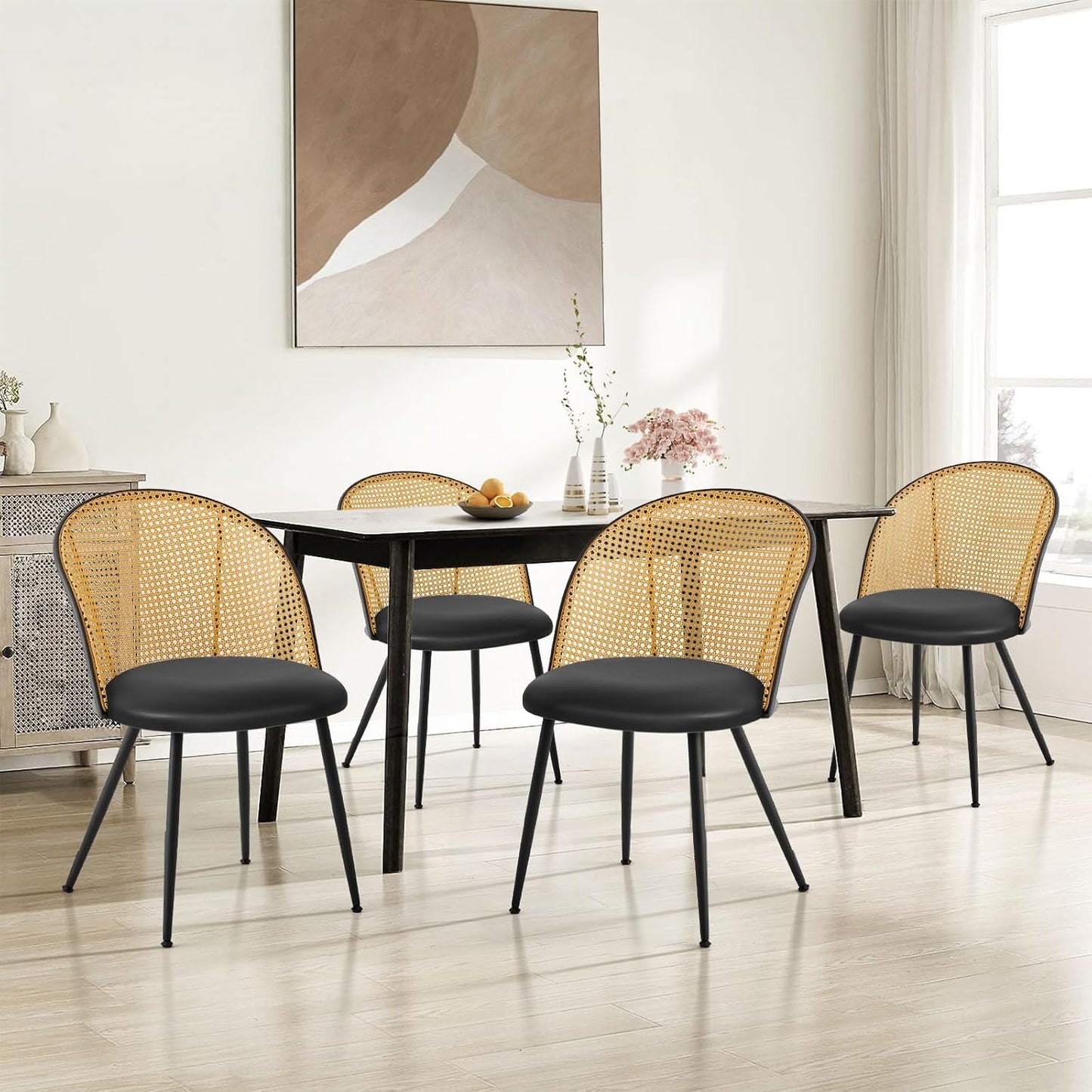Dining Chairs Set of 4, Mid Century Modern Dining Room Chairs with Full Rattan Back, Faux Leather Kitchen Dining Chairs Farmhouse Armless Mesh Cane Back Side Chairs with Metal Legs, Black