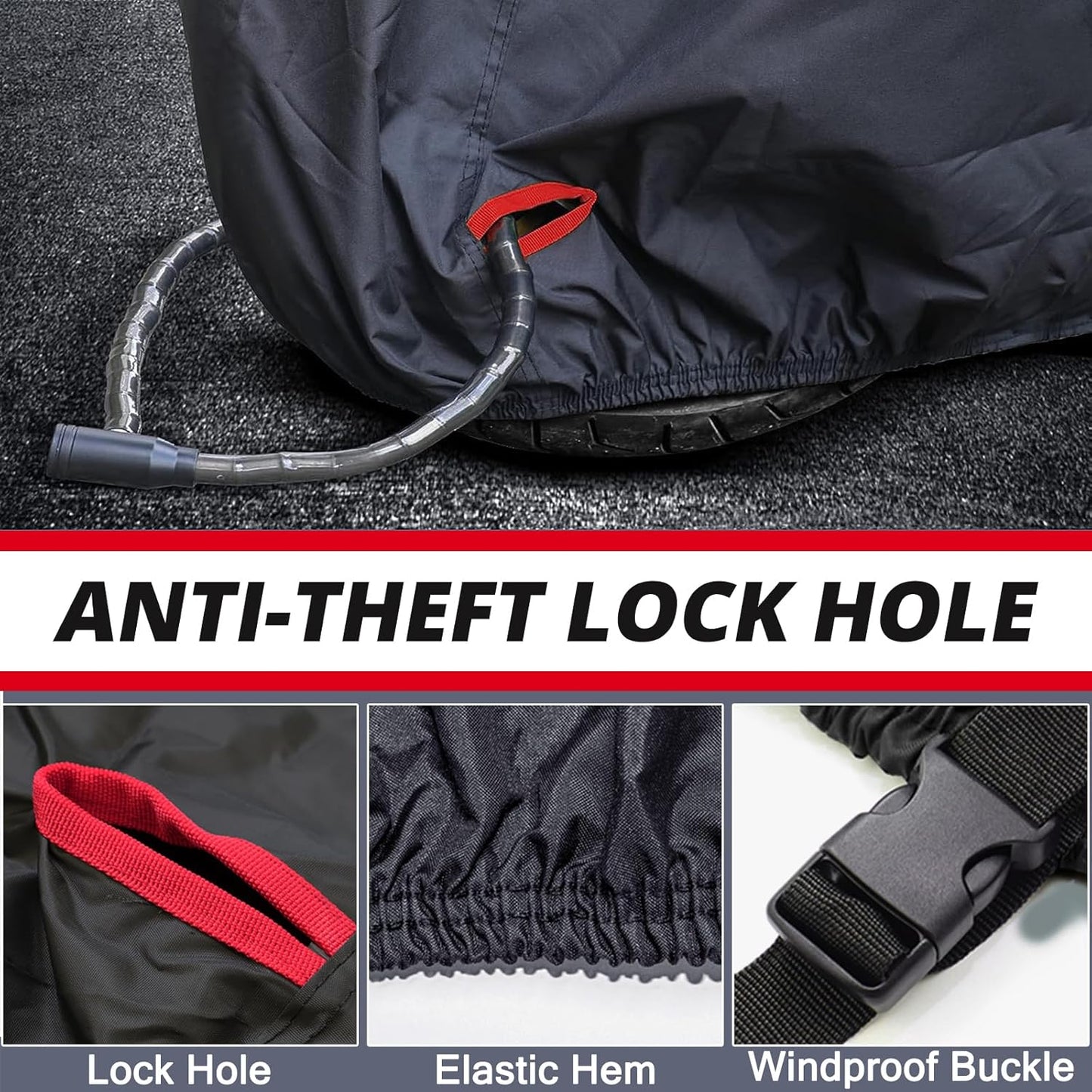 Motorcycle Cover,Waterproof Zipper Outdoor Cover for All Seasons Windproof, High Heat Resistance Dustproof and Rainproof Snowproof(Red Zipper XL Fits Up to 97 inch)