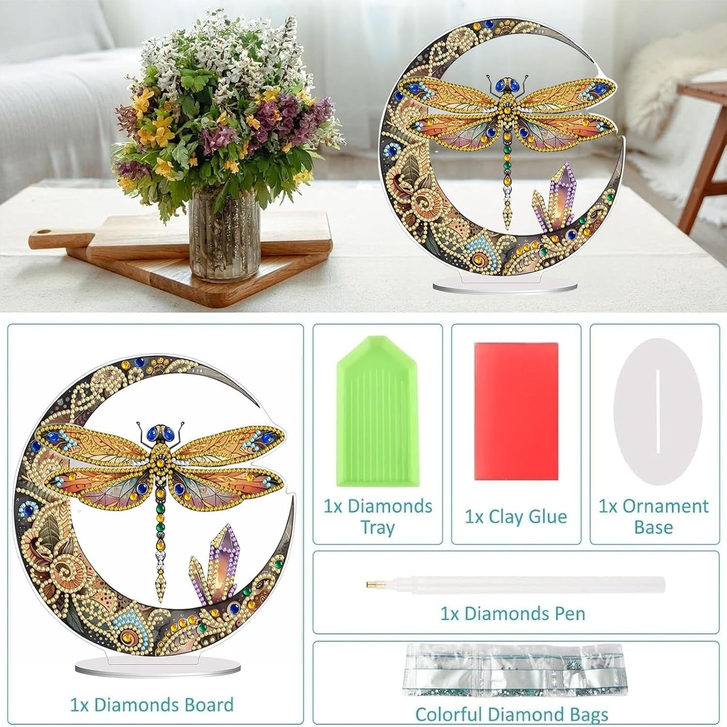 Diamond Painting Kits for Adults Beginners, 5D Full Drill Dragonfly Crystal Art Desktop Ornament, DIY Single Sided Home Office Desk Decor, Creative Craft Gift Set with Tools