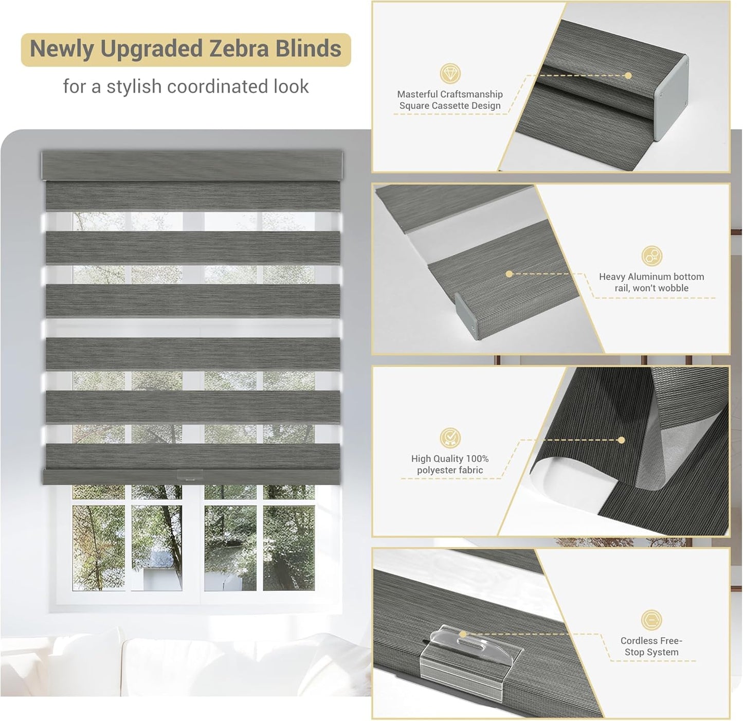 Cordless Zebra Blinds for Windows, Blackout Interior Blinds,Easy to Install,UV Protection,for Offices and Home,Custom Roller Shades, Mousse Grey,41" W x 64" H