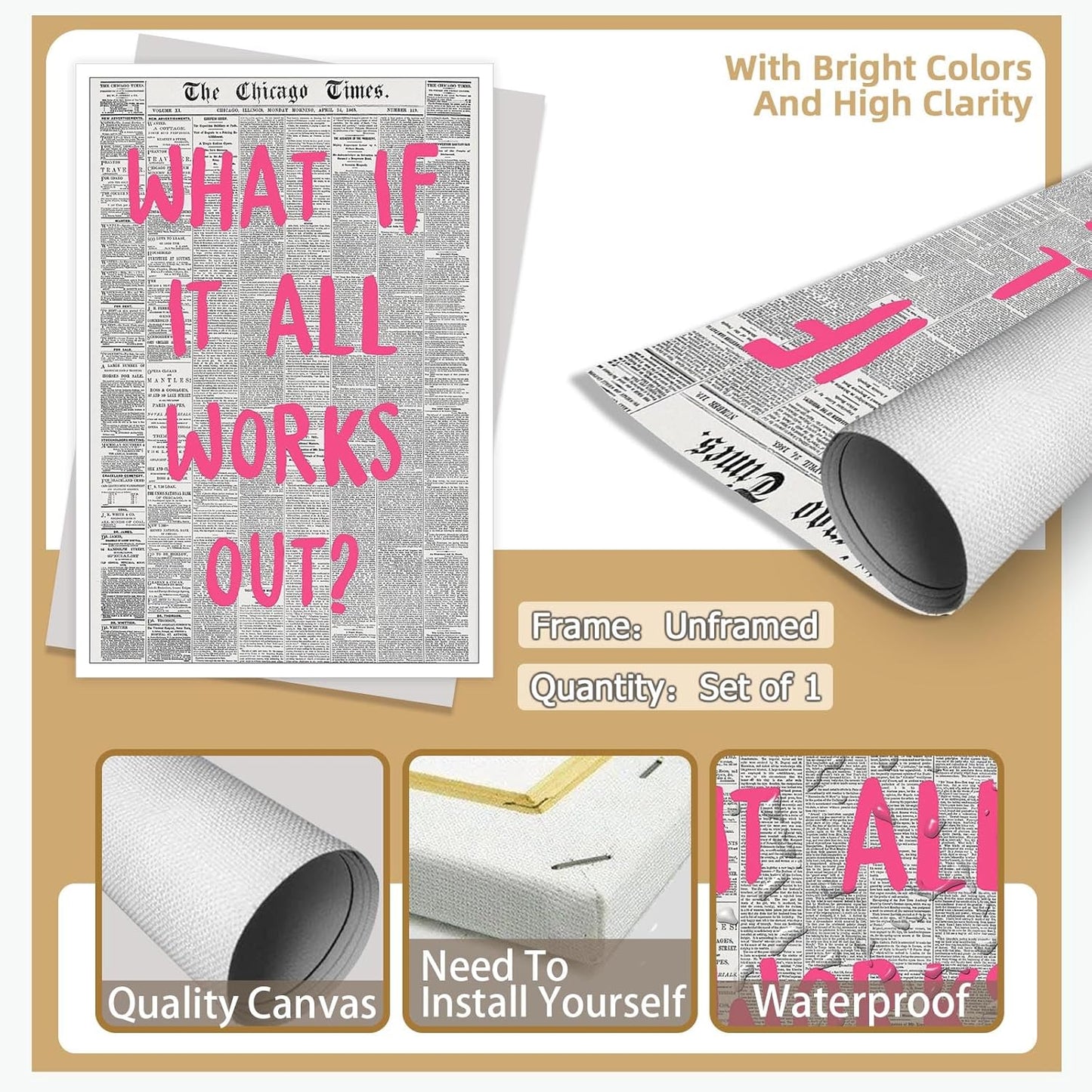 Liyark Retro Trendy Newspaper Canvas Wall Art - 'What If All Works Out' Positive Affirmation Quote - Pink Font - Minimalist Home Decor - 16x24in Unframed
