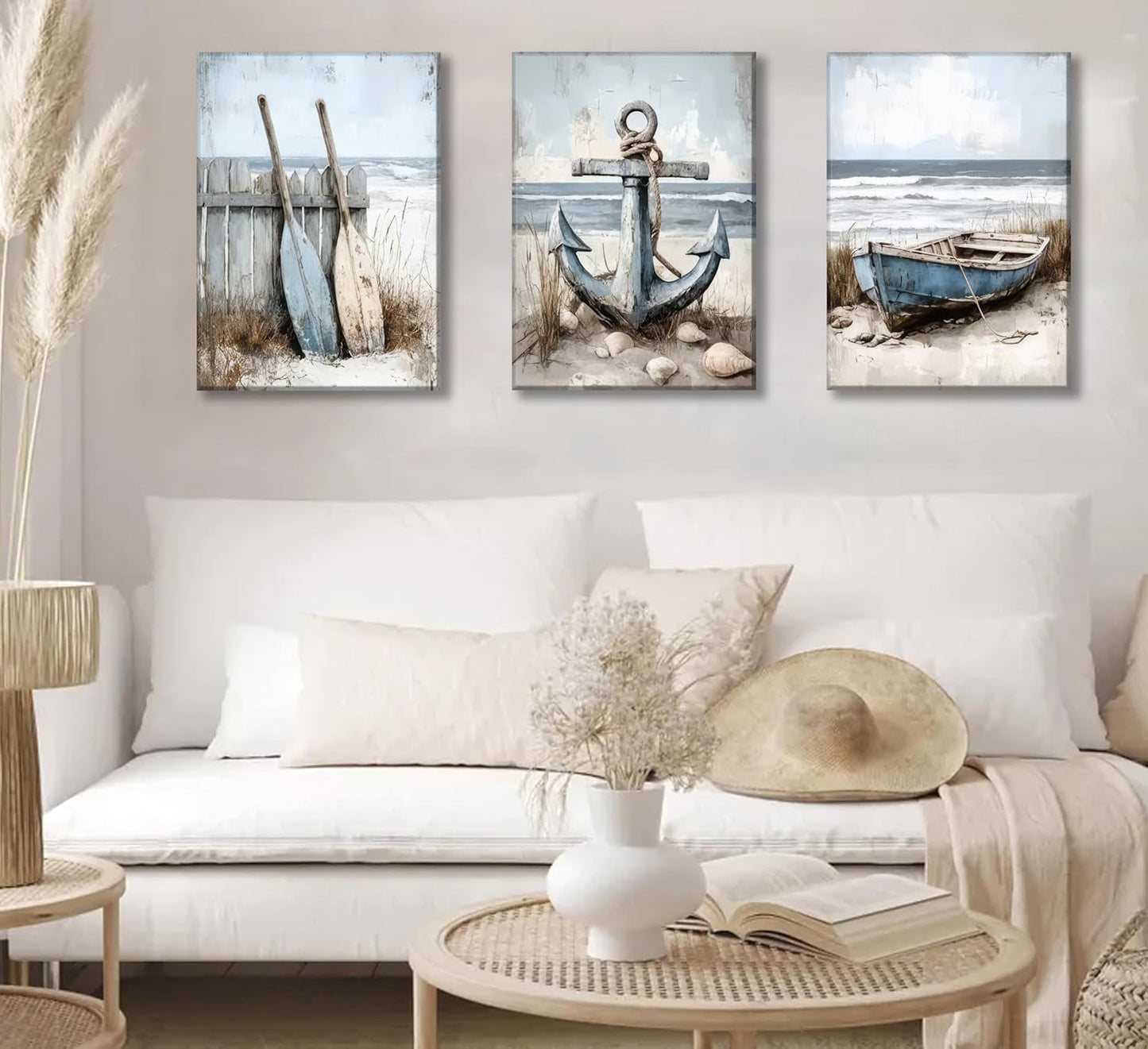 3Pcs Coastal Beach Canvas Wall Art Sailboat Paddle And Anchor Paintings Pictures Wall Decor Nautical Posters Prints Artwork Suitable for Living Room Bedroom Home Office Corridor Home Decroation