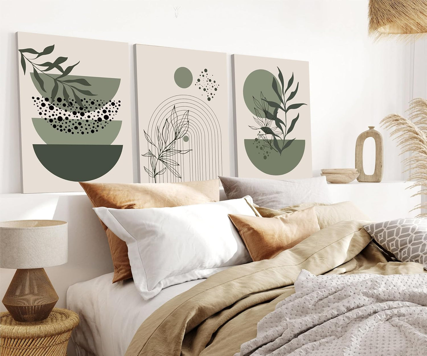 Sage Green Boho Wall Art Set of 3 Abstract Minimalist Geometric Line Poster Green Botanical Leaf Canvas Prints Modern Artwork Painting Decor for Living Room Bedroom Office 12x16 in Framed