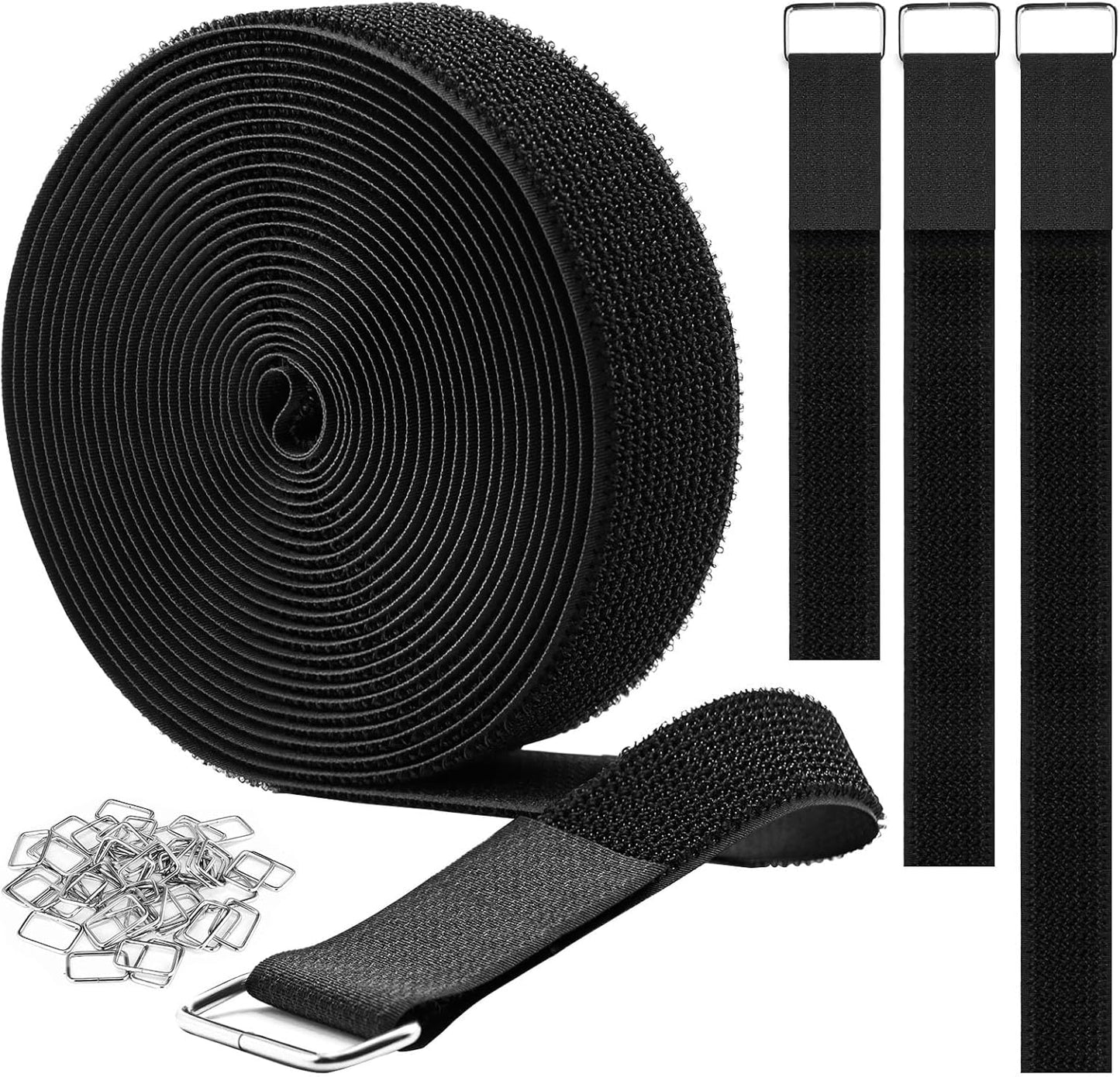 1.5"x16ft Hook and Loop Straps with 15 Metal Buckles, Adjustable Fastening Cable Straps, Cut-to-Length Cinch Strap, Reusable Nylon Securing Cord Ties for Organizer or Storage, Black