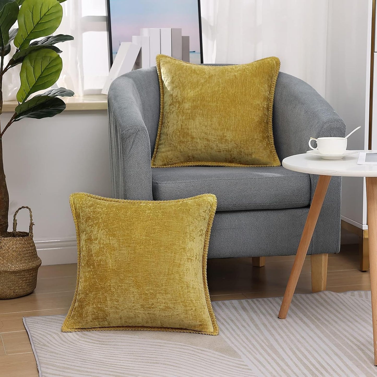 decorUhome Chenille Soft Throw Pillow Covers 24x24 Set of 2, Farmhouse Velvet Neutral Decorative Euro Pillow Covers with Stitched Edge for Couch Sofa Bed Home Decor, Mineral Yellow