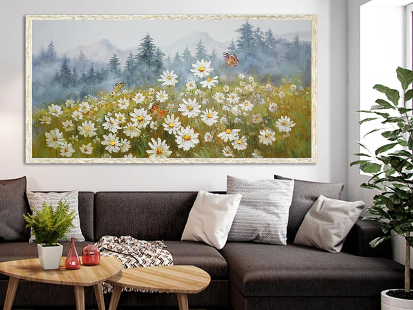 Arjun Flower Wall Art Canvas Landscape Daisy Painting Mountain Picture White Daisy Textured Floral Forest Artwork for Living Room Bedroom Office Home Wall Decor, Extra Large Framed Wood Grain 58"x29"