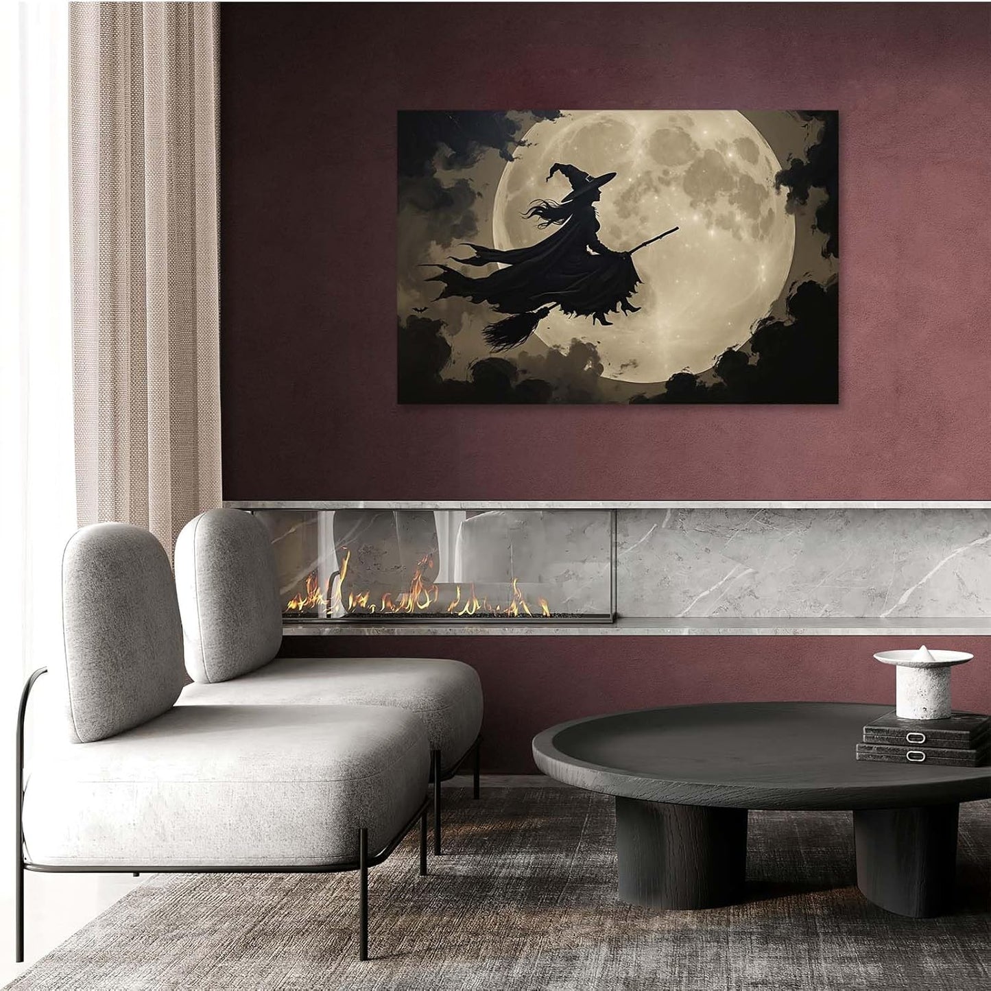 JFHCQJPK Full moon witch silhouette poster witch on magic broom Halloween mural poster decorative mural art suitable for home living room bedroom12x16in Frameless