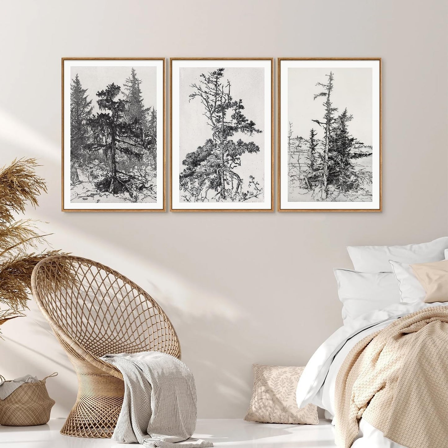 SIGNINART Vintage Tree Framed Wall Art Set , Black and White Antique Sketchbook Forest Painting, Wilderness Illustration Art Print , Retro Pine Tree Landscape Drawing Wall Decor for Living Room, Bedroom, Office (16"x24"x3)
