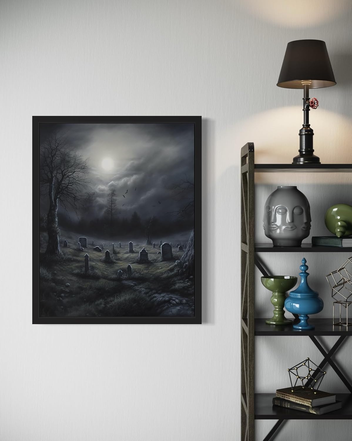 Gothic Graveyard Poster Art Print, Halloween Scary Vintage Wall Art Academia Spooky Painting Decoration for Horror Prints, Posters Bedroom Decor 89 (Gothic Graveyard, 16 x 20 inches, Black Frame)