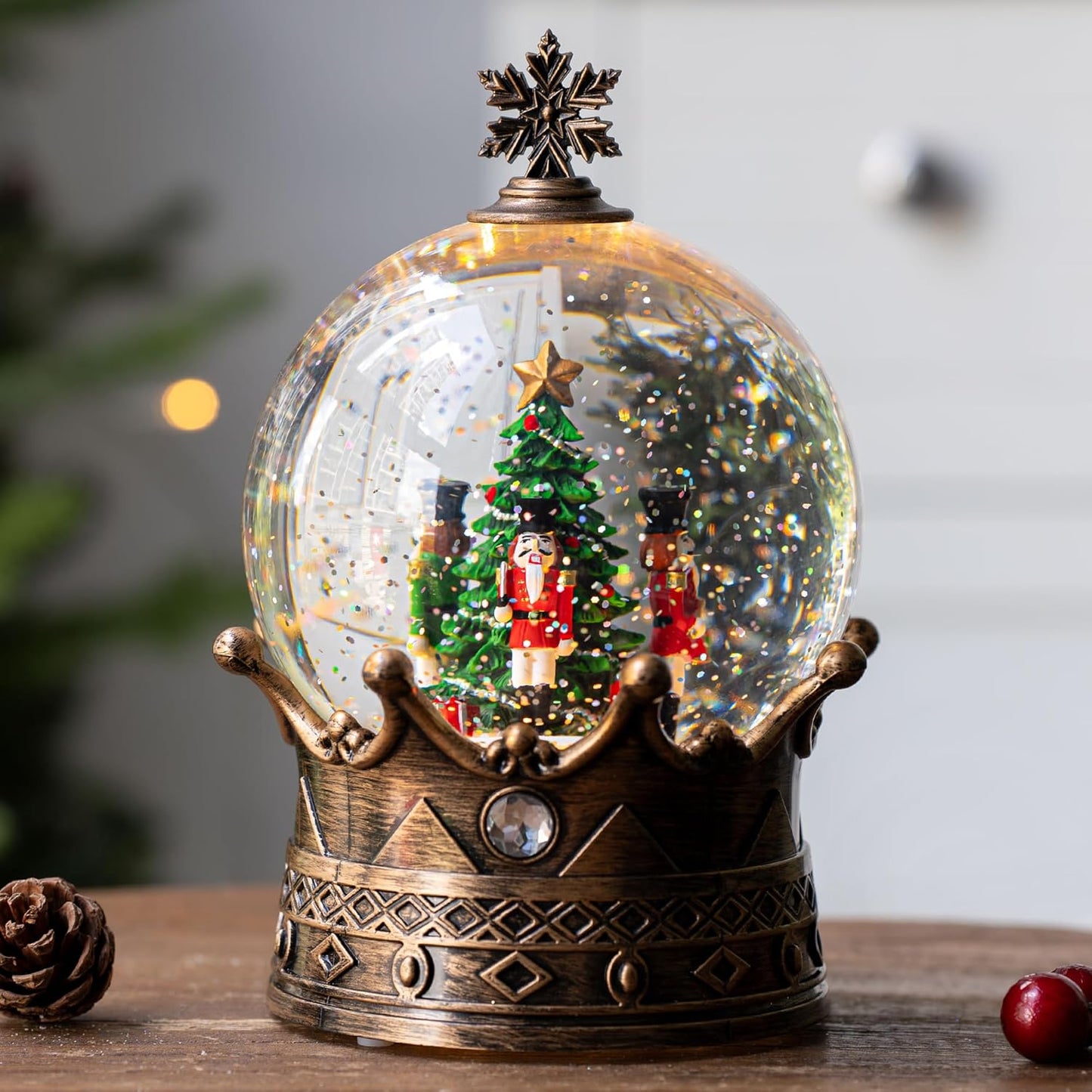 Christmas Snow Globe Lantern Water Glittering Nutcracker Crown with Music, USB Lined/Battery Operated Lighted Lantern for Christmas Festival Decoration Gifts