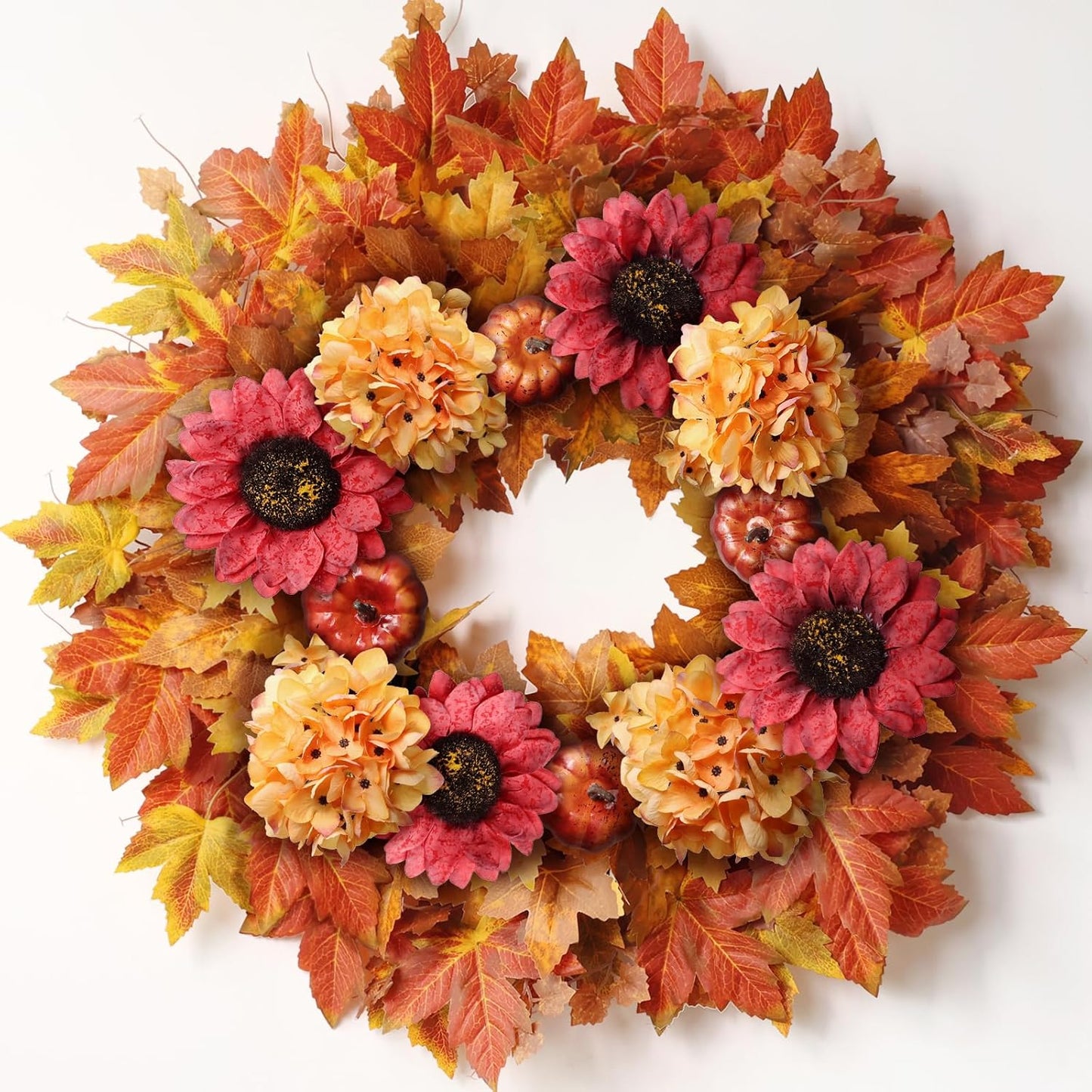 28'' Large Fall Wreath for Front Door, Porch, Window- Artificial Maple Leaves Faux Sunflower Hydrangea Pumpkins Outdoor Autumn Wreath for Home, Farmhouse Wall Thanksgiving Day Harvest Festival Decor