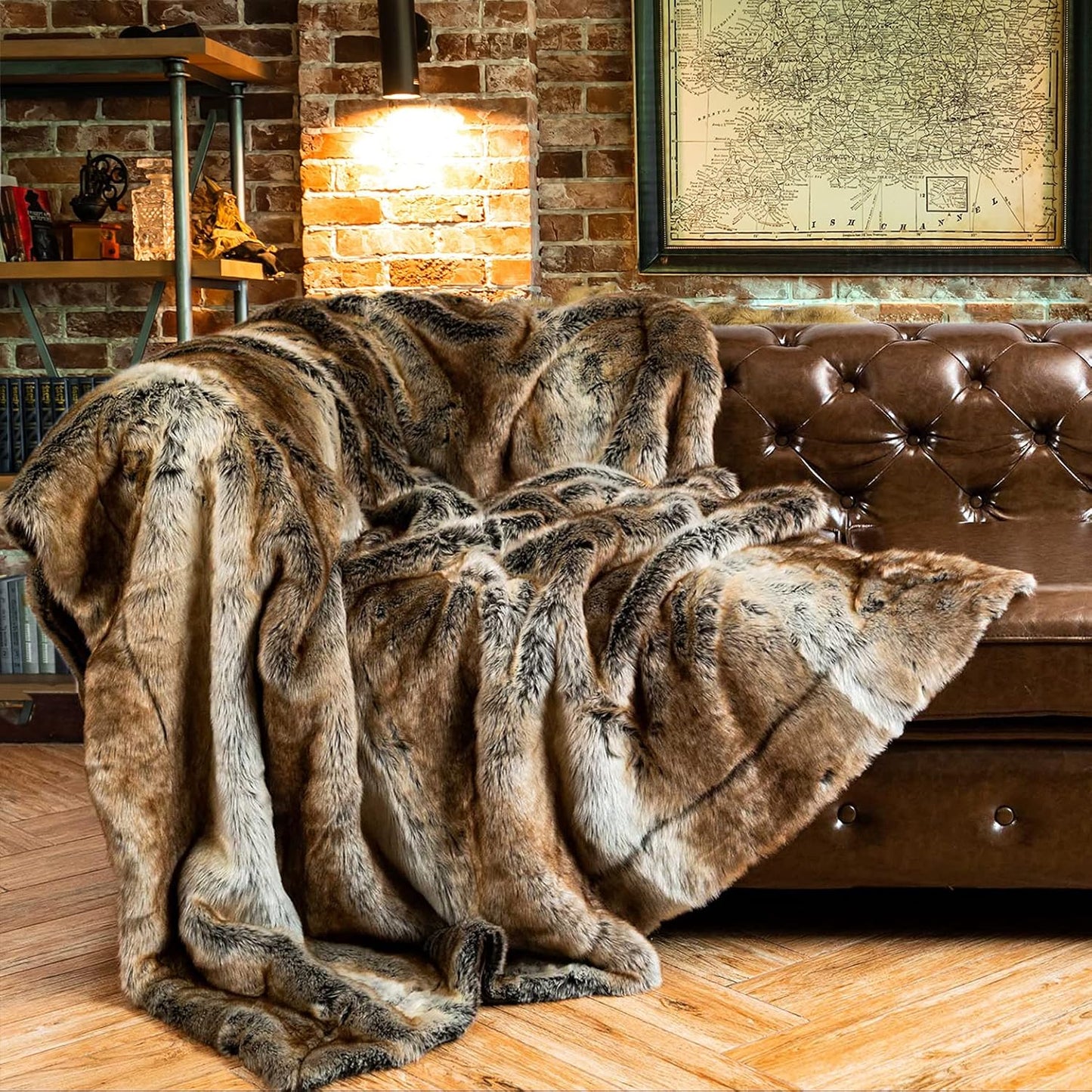 BATTILO HOME Large Brown Faux Fur Throw Blanket for Bed, Fall Fur Blanket and Throws, 60 x 80 Inches Super Soft Fuzzy Thick Warm Blankets for Couch, Reversible to Plush Velvet