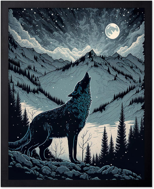Poster Master Vintage Illustration Poster - Retro Animal Print - Gift for Artist, Friend - Wolf Howling at the Moon, Mountain, Snow, Landscape - Wall Decor for Home, Office, 8x10 Black Framed