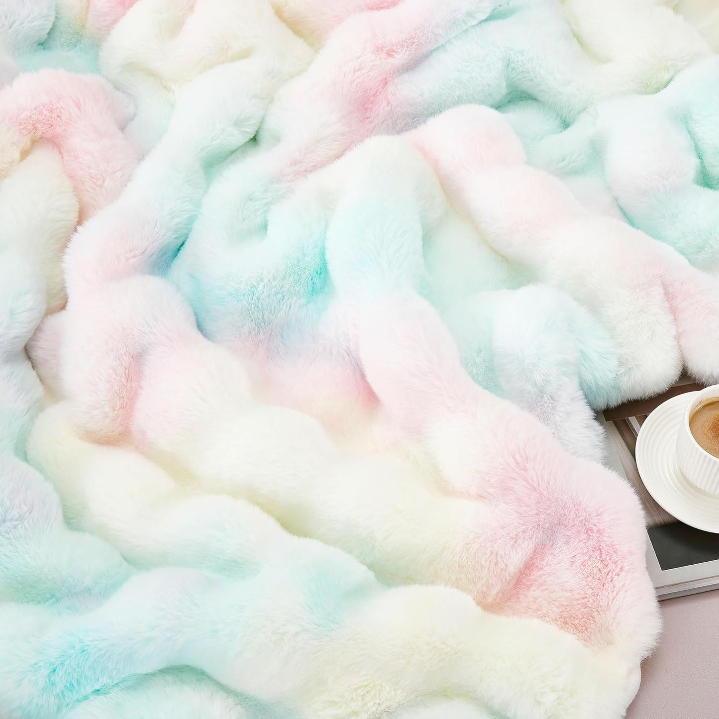 DREAMNINE Large Colorful Soft Fluffy Bubble Faux Rabbit Fur Blanket Full Size 70" x 80", Luxury Double Sided Big Thick Fuzzy Bed Blankets, Cute Warm Cozy Plush Comfy Furry Blanket for Winter, Rainbow