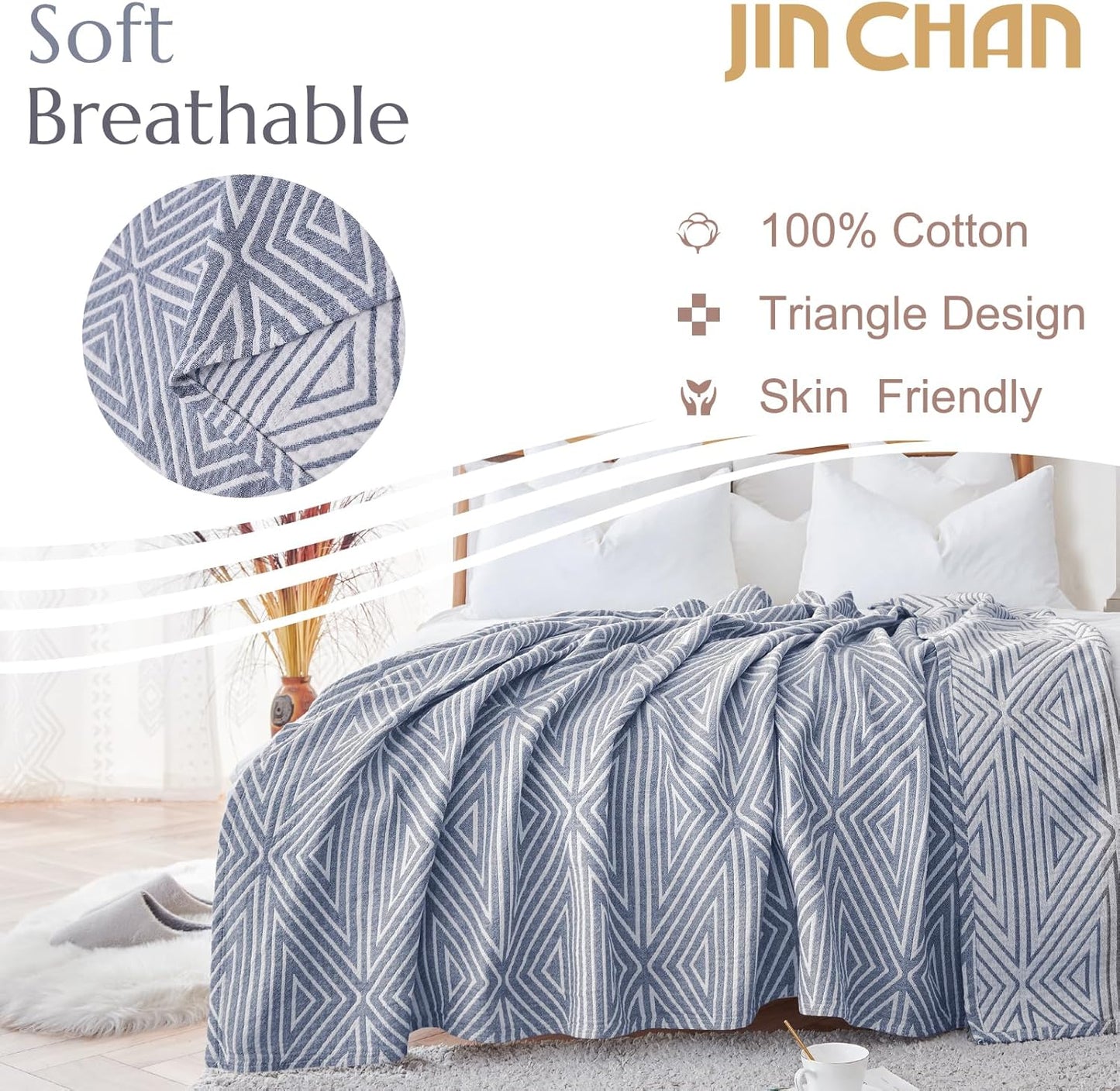 jinchan Boho 100% Cotton Blanket Muslin 50x60 Inches Lightweight 3-Layer Geometric Triangle Striped Pattern Reversible Quilt Throw Soft Breathable Comfy All Seasons for Couch Bed Decor, Blue