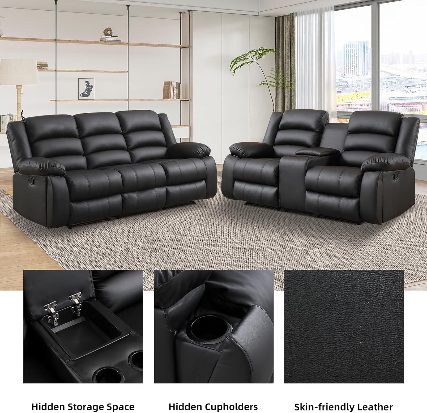 EBELLO Faux Leather Manual Recliner Sofa Set, Loveseat Reclining Sofa and 3 Seat Recliner Sofa, Couch Set for Living Room, Bedroom, Meeting Room, Black (Loveseat+Sofa)