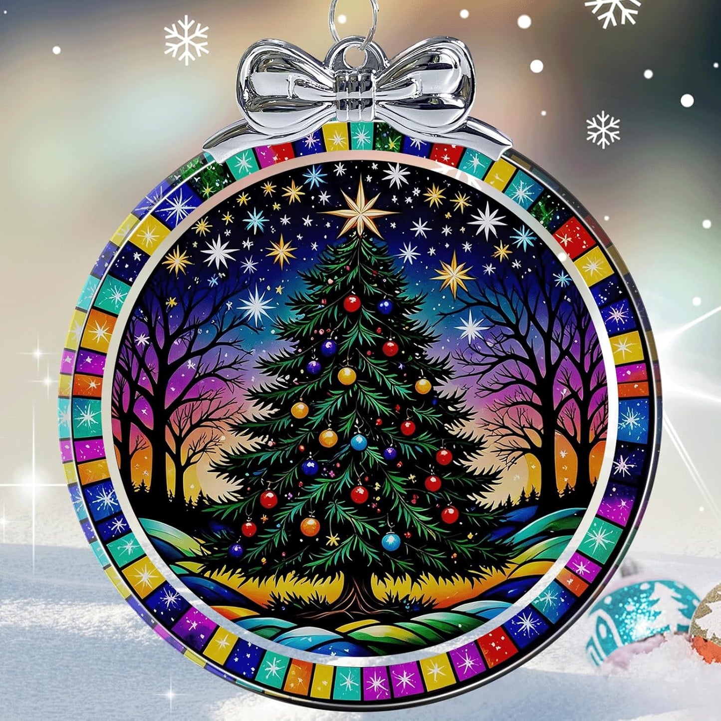 Starry Christmas Tree Stained Glass Christmas Ornament - Hanging Ornaments for Christmas Tree Decorations - Holiday Keepsake Present Exchange Idea