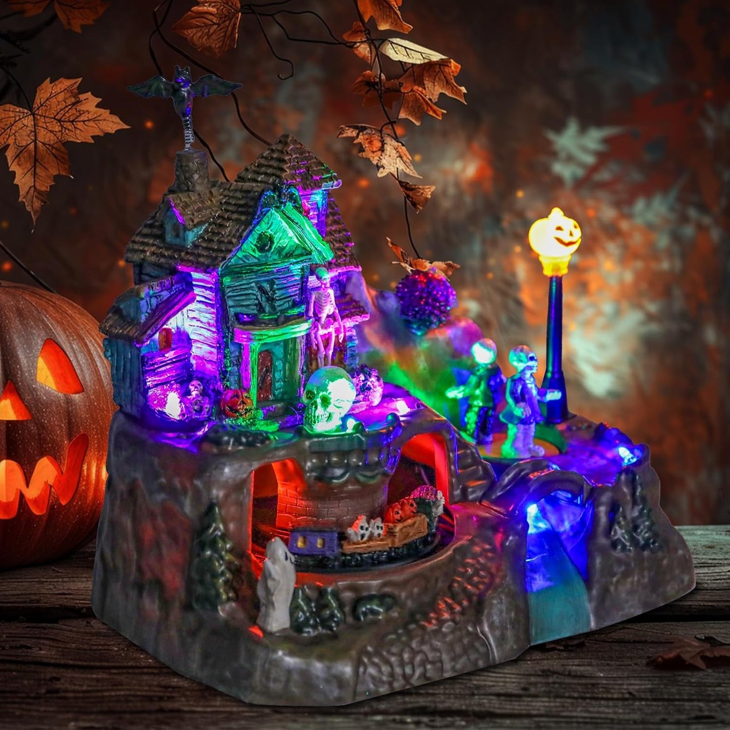 DREAM GARDEN Halloween Village Collection, Lighted Spooky Haunted House with Animated Train and Scary Sound Halloween Collectible Bulidings with Skull, Pumpkin, Ghost for Holiday Party Tabletop Decor