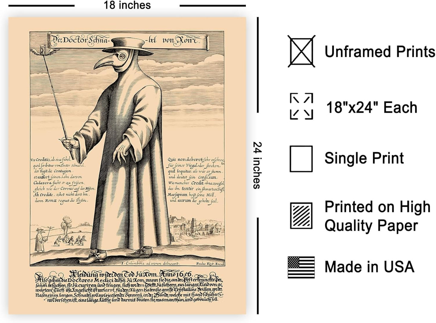 Poster Master Vintage Medieval Poster - Retro Illustration Print - Gift for Friend - Plague Doctor, Pandemic Mask, Physician, Black Death - Wall Decor for Home, Living Room, 18x24 Unframed Wall Art