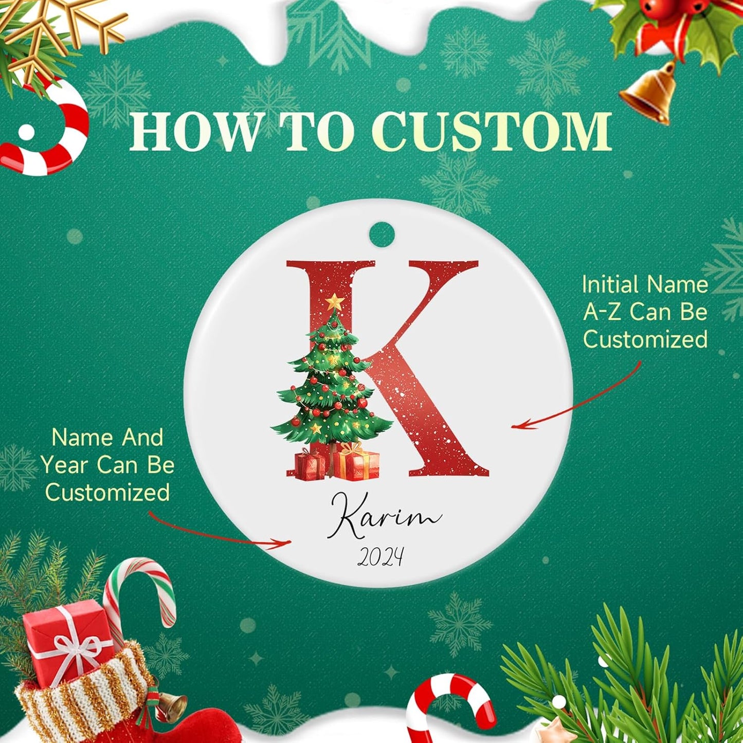 Personalized Christmas Ornaments 2025, Custom Name Initial A-Z Monogram 2.8" Ceramic Custom Christmas Ornament for Kids Boys Girls, Customized Letter Name Ornaments for Christmas Tree Decorations