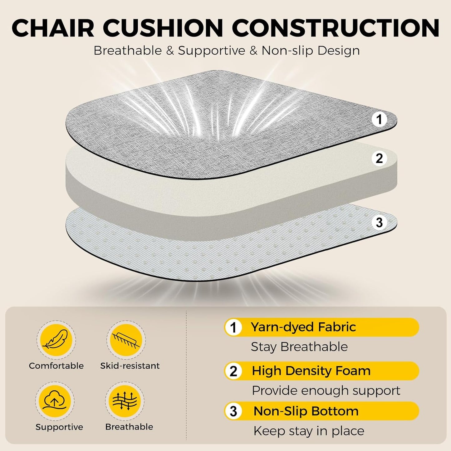 downluxe Indoor Chair Cushions for Dining Chairs, Soft and Comfortable Textured Foam Kitchen Chair Pads with Ties and Non-Slip Backing, 16" x 16" x 2", Light Grey, 2 Pack