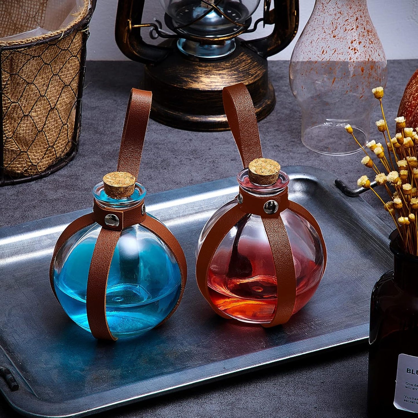 Patelai 6 Pcs Halloween Glass Potion Bottles with Belt Cork Renaissance Witch Costume Accessories Witch Props Potion Bottle for Halloween Party Decor Cosplay DIY Crafts Gift (Brown)