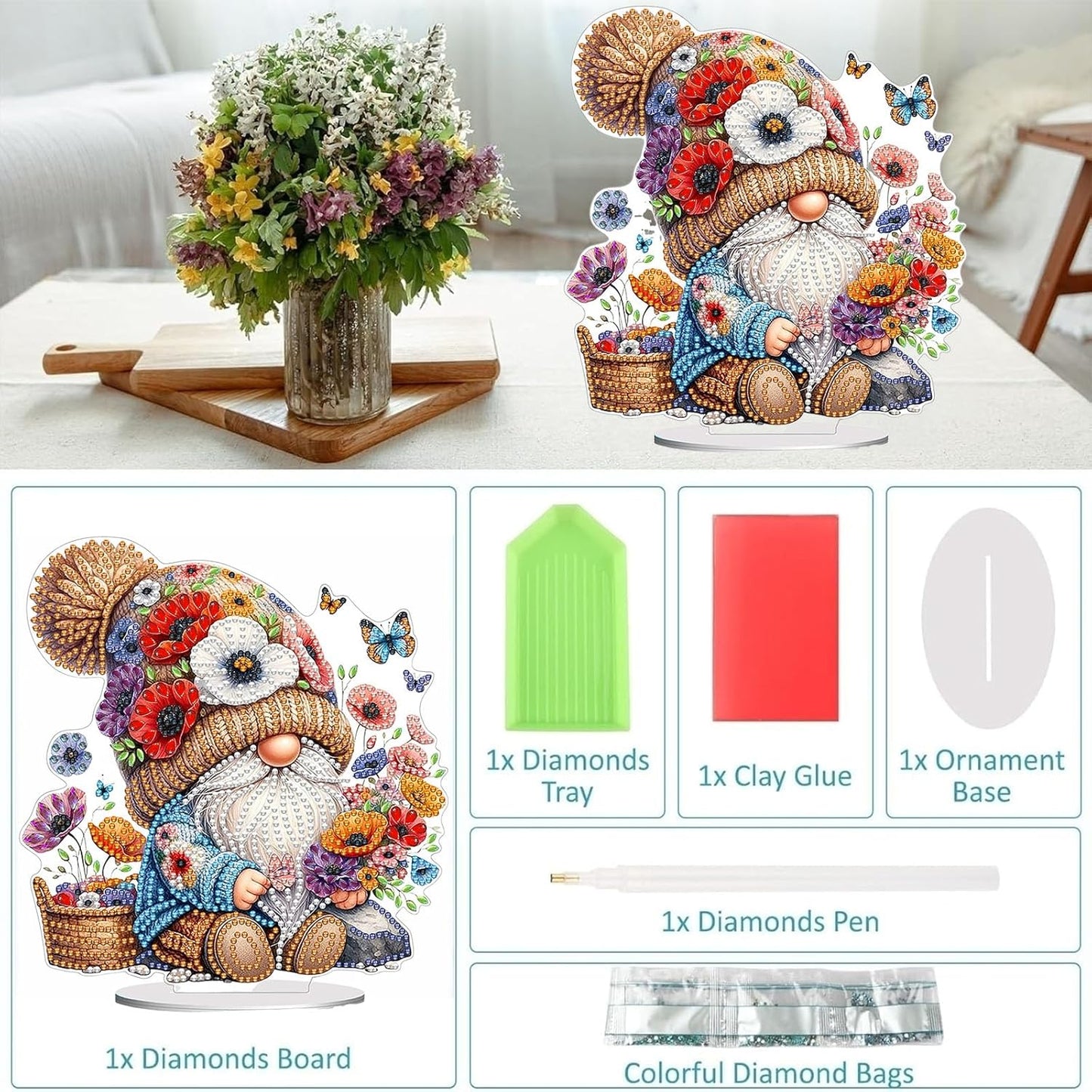 Diamond Painting Kits for Adults Beginners, 5D Full Drill Dwarf Crystal Art Desktop Ornament, DIY Single Sided Home Office Desk Decor, Creative Craft Gift Set with Tools