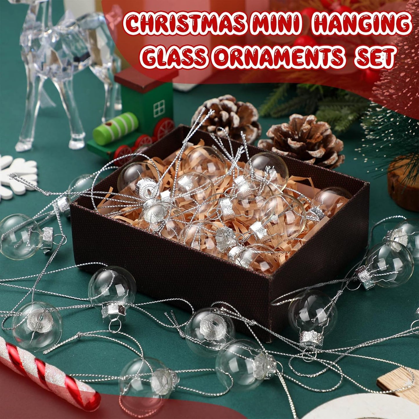 Tioncy 32 Pcs 1 Inch Mini Glass Christmas Ornaments Balls Shiny Christmas Balls Tiny Tree Hanging Decoration Small Colorful Ball Pendant for Xmas Party Supplies(Transparent)