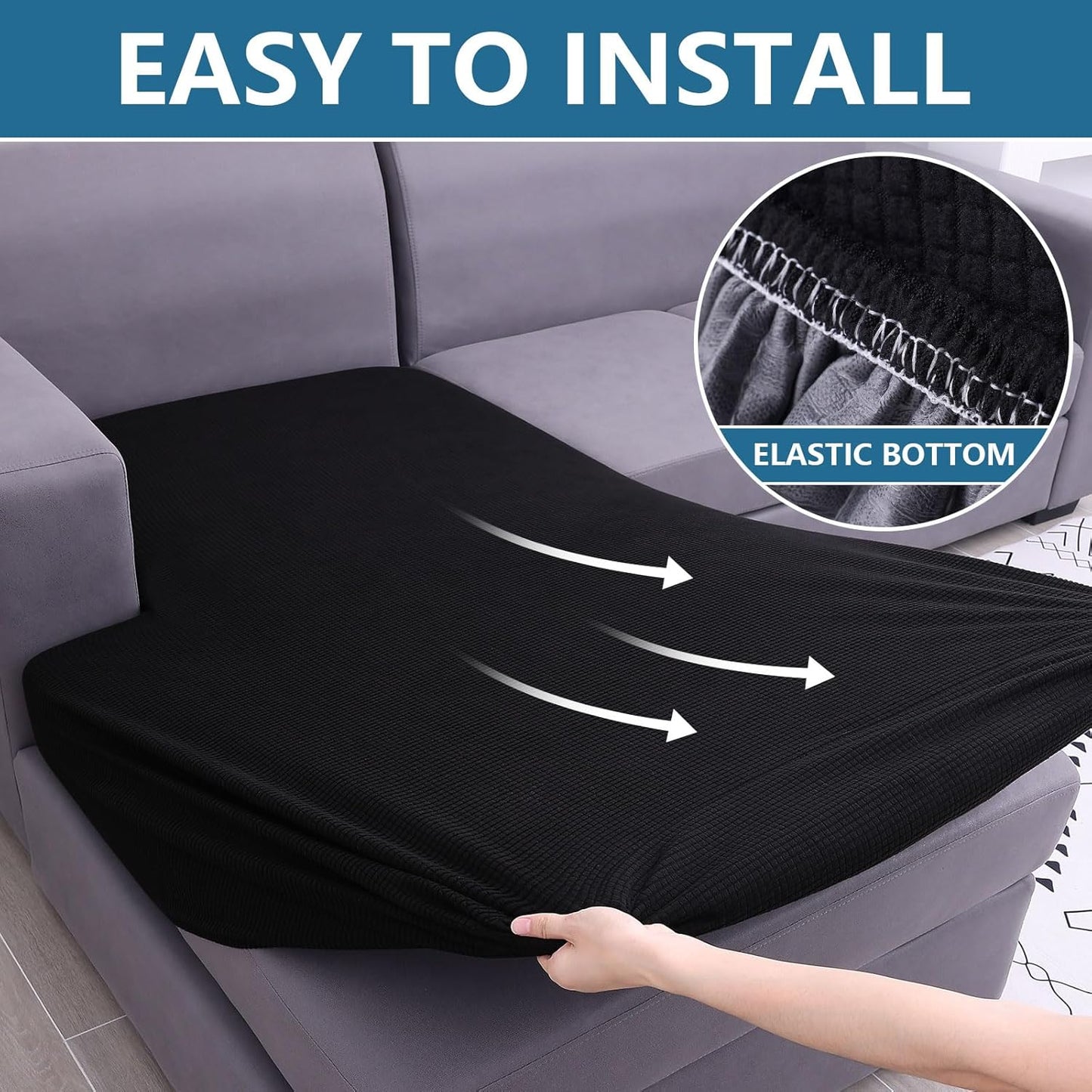 hyha Waterproof Sectional Couch Covers, Non Slip Sofa Couch Cushion Covers L Shape, Thick Stretch Jacquard Fabric, Washable Sofa Slipcovers with Elastic Bottom (1 Piece for Chaise, Black)