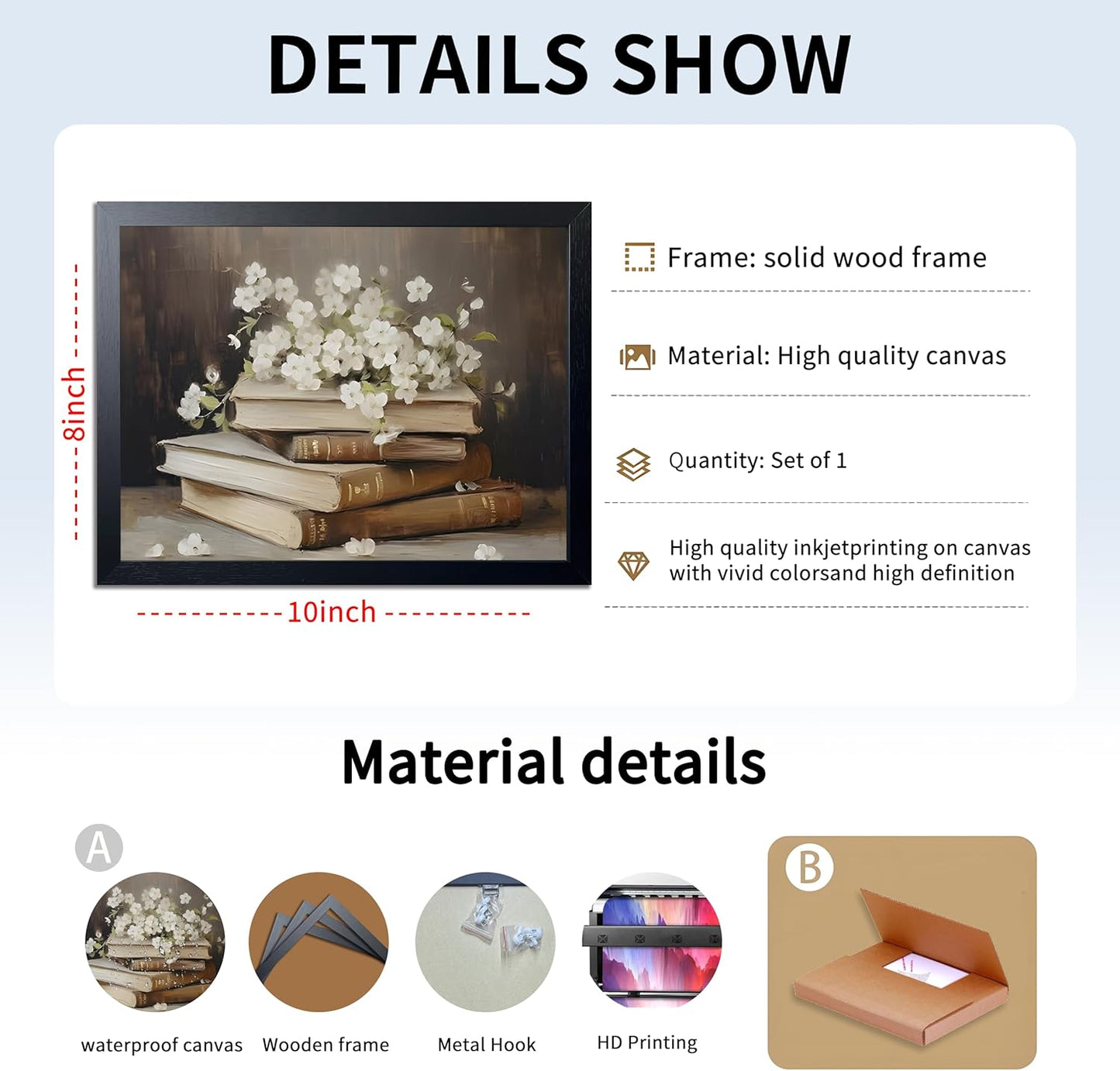 Wood Framed Canvas Poster Print Wall Art, Vintage Floral Book Wall Decor Oil Painting, Dark Academia Room Aesthetics Picture for Bathroom Classroom Dormitory room Decor 8x10 inch