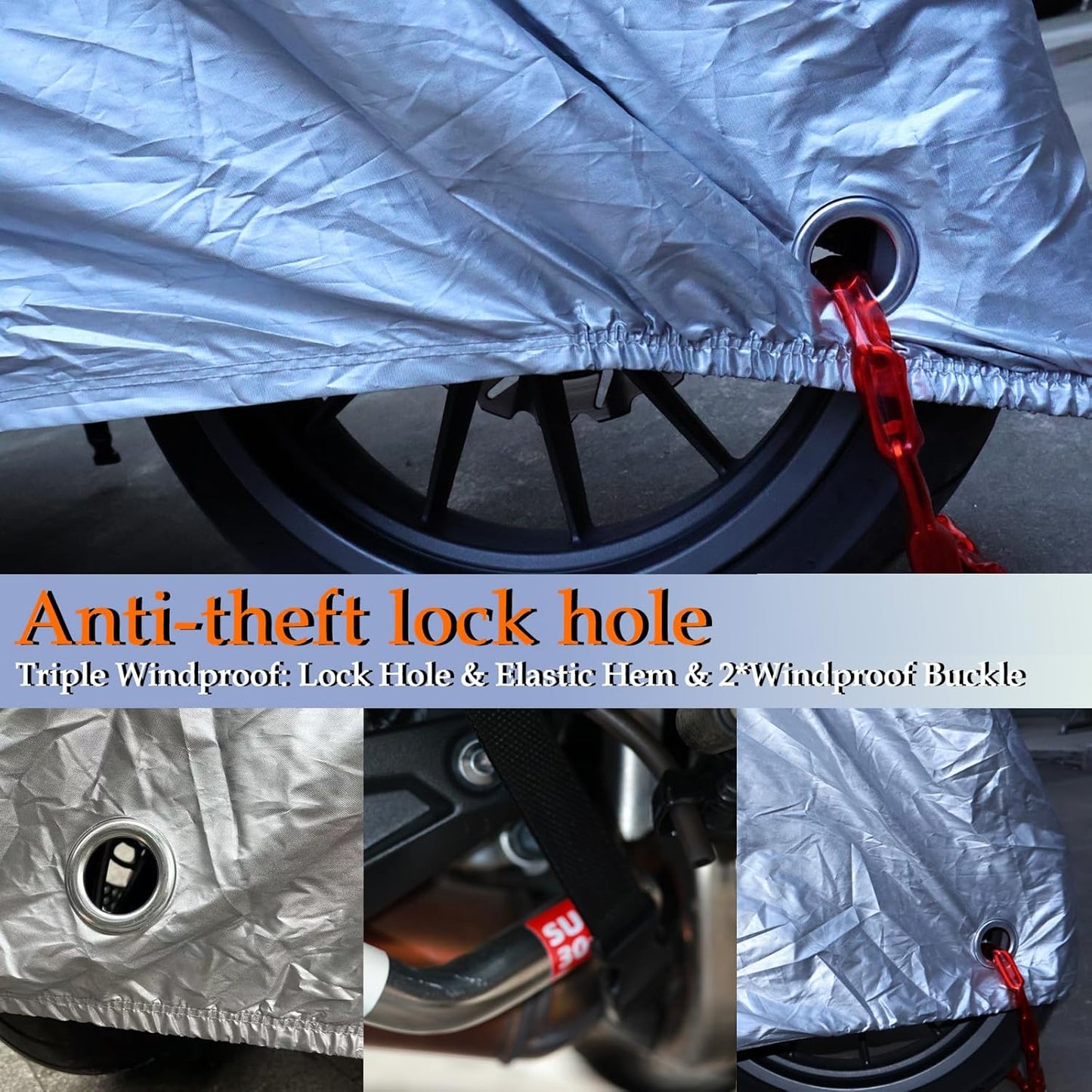 Motorcycle Cover, 210D Oxford Cloth, with Reflective Stripes, Waterproof Outdoor Protection, All-Weather Universal car Cover, with Lock Holes and Storage Bag. (Black Silver, 96.5")