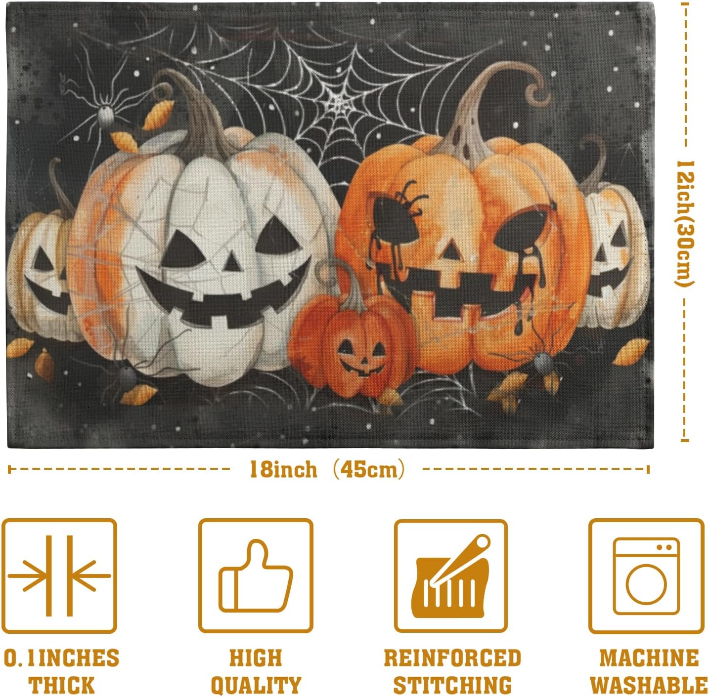 Halloween Pumpkins Spider Web Placemats Set of 4 Black Gray Scary Pumpkin Fall Linen Table Place Mat 12x18 Inch Seasonal Heat Resistant Table Mats for Party Kitchen Dining Decoration