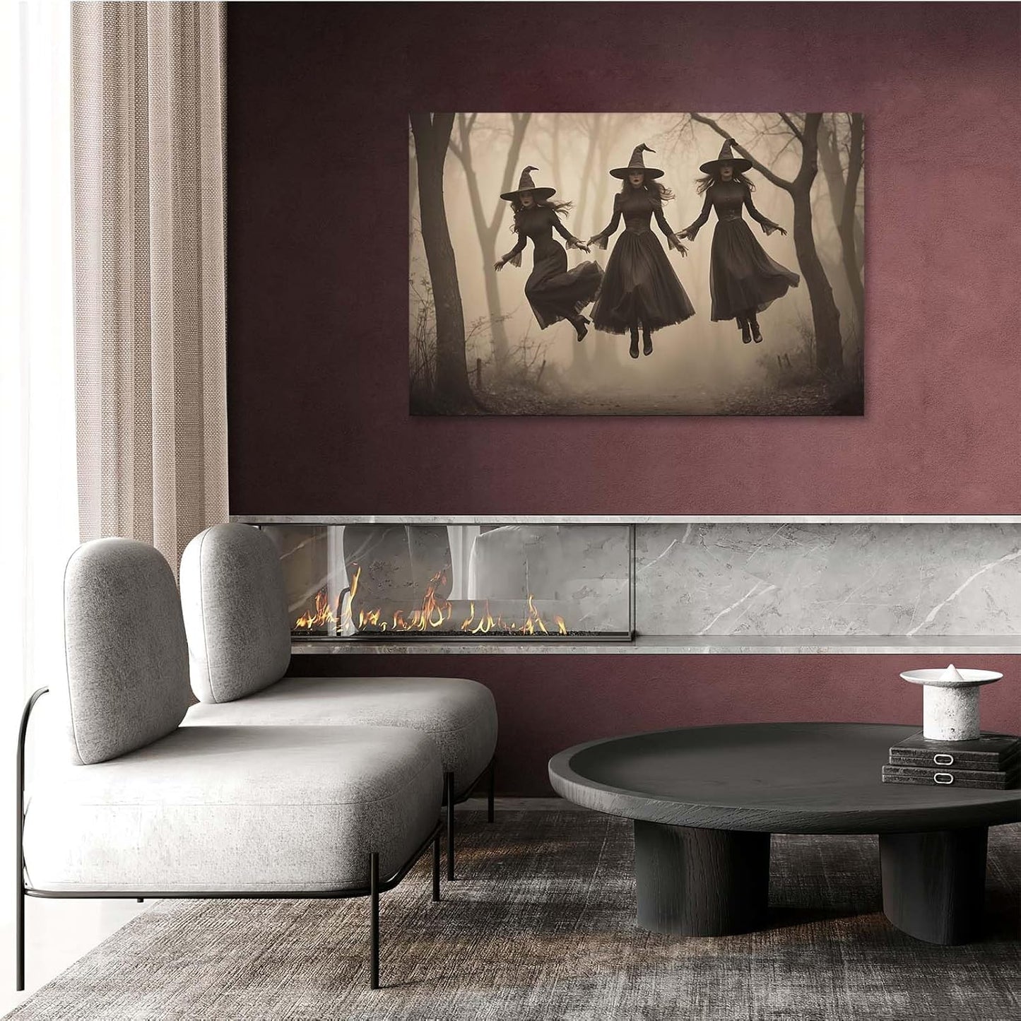 JFHCQJPK Three ghost witches flying in vintage forest gothic wall art witchcraft decoration holiday gift canvas wall art print8x12in Frameless