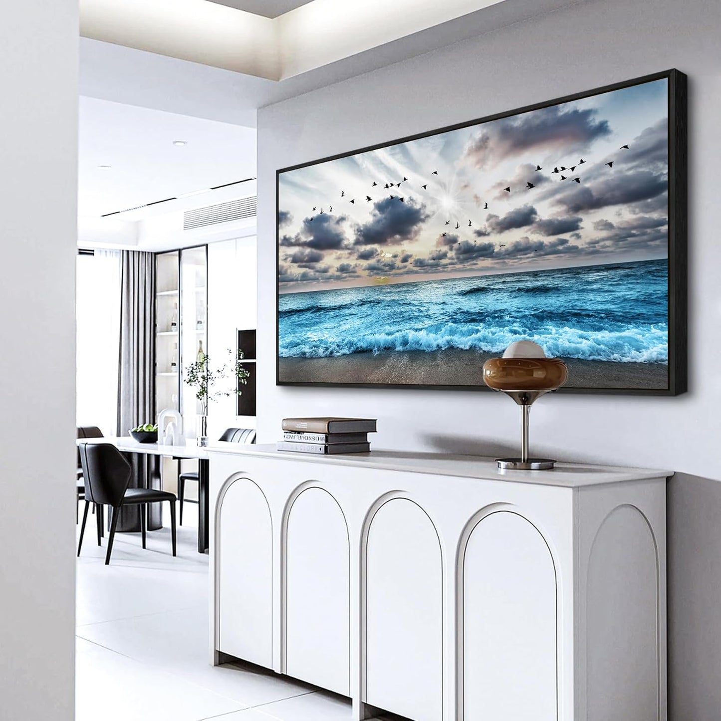 Wapluam Black Framed Canvas Wall Art For Living Room Large Wall Decoration For Bedroom Office Wall Decor Black And White Wall Painting Blue Sea Wave Pictures Artwork Modern Hotel Room Home Wall Art