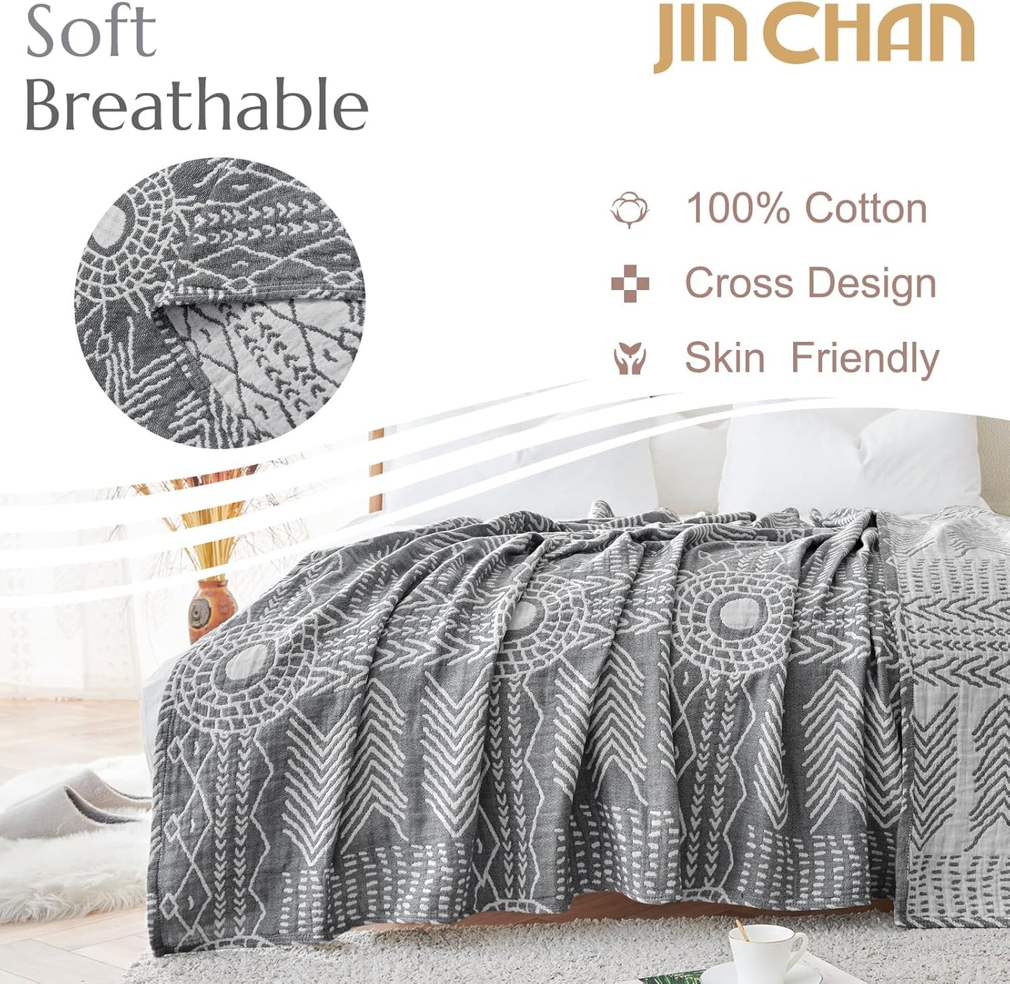 jinchan Boho 100% Cotton Muslin 50x60 Throw Blanket Lightweight 3 Layer Grey Blanket Washable Reversible Breathable Decorative Geometric Striped Patterned Gray Soft Cozy for Sofa Bed All Season Gift