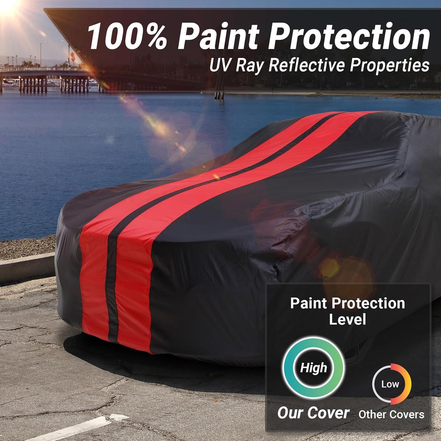 iCarCover Custom Car Cover for Chevy Corvair Station Wagon (1961-1962) Waterproof All Weather Rain Snow UV Sun Protector Full Exterior Indoor Outdoor Car Cover (Stripe - Black/Red)
