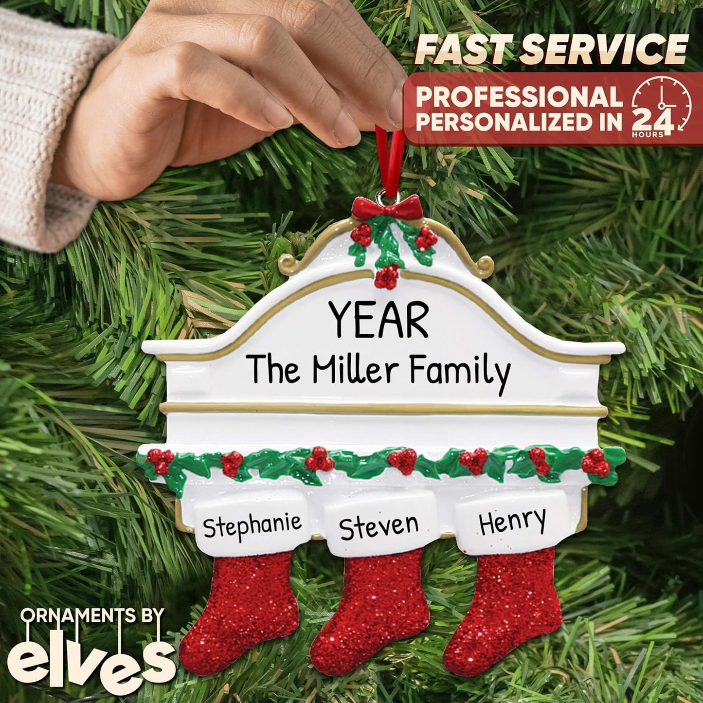 3D White Mantle Family of 3 Christmas Ornament 2025 Personalized Family Christmas Ornaments 2025 | Garland Fireplace Personalized Tree Ornaments Customizable Gifts Red Stockings of Three Ornament