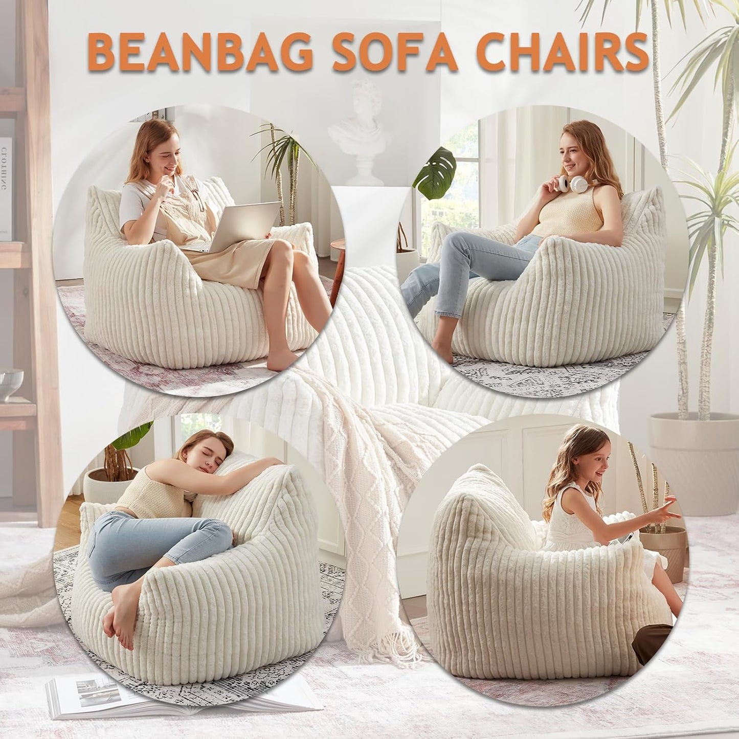 Giant Bean Bag Chairs for Adults with Filling Plush Fluffy Bean Bag Chairs for Teens with Armrests Comfy BeanBag Lazy Couch Sofa Chair for Bedroom Living Room Reading