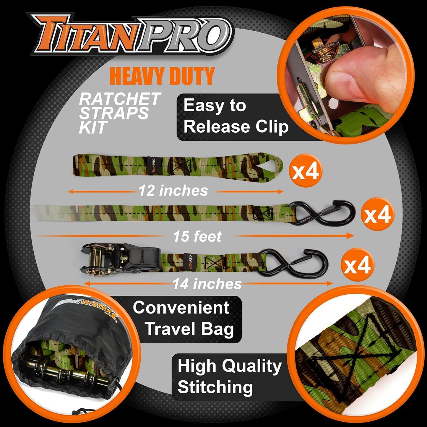 TitanPro Heavy Duty Ratchet Straps 4-Pack - 2,200lb Break Strength, 1" x 15' Rachet Tie Downs with Padded Handles - Heavy Duty, Truck, Motorcycle, Moving Straps (Camo)