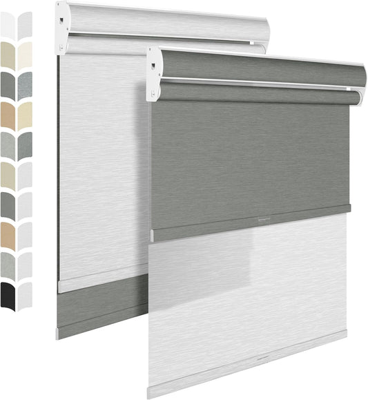 BERISSA Cordless Dual Roller Shades with Cassette Valance,Double Window Shades Blackout and Light Filtering Shades,Day and Night Roller Shades for Home Office Door.Grey and White.66 W x 80" H