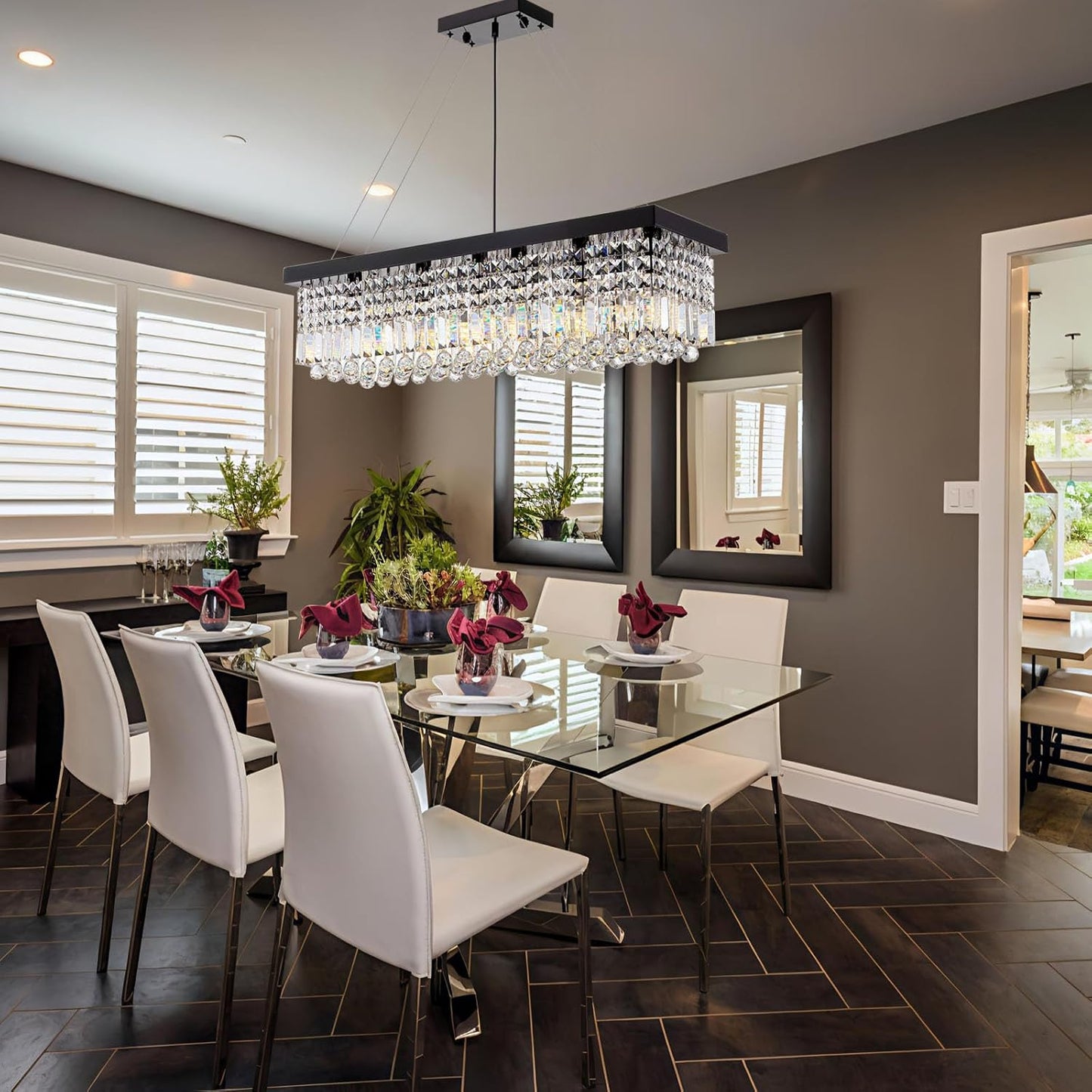 Rectangle K9 Crystal Chandelier,Rectangular Contemporary Pendant Light Fixture,Black Modern Crystal Chandeliers for Dining Room Kitchen Island L31.5''xW10''xH10''