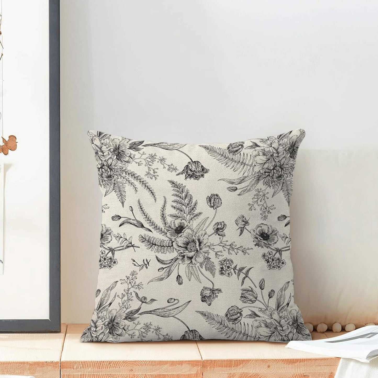 CXMEIFLY Spring Floral Leaves Pillow Covers 16 x 16 Inch Set of 2 for Chinoiserie Flowers Decor Throw Pillows Black and White Seasonal Plant Outdoor Decorative Cushion Cases for Couch Bed Decorations