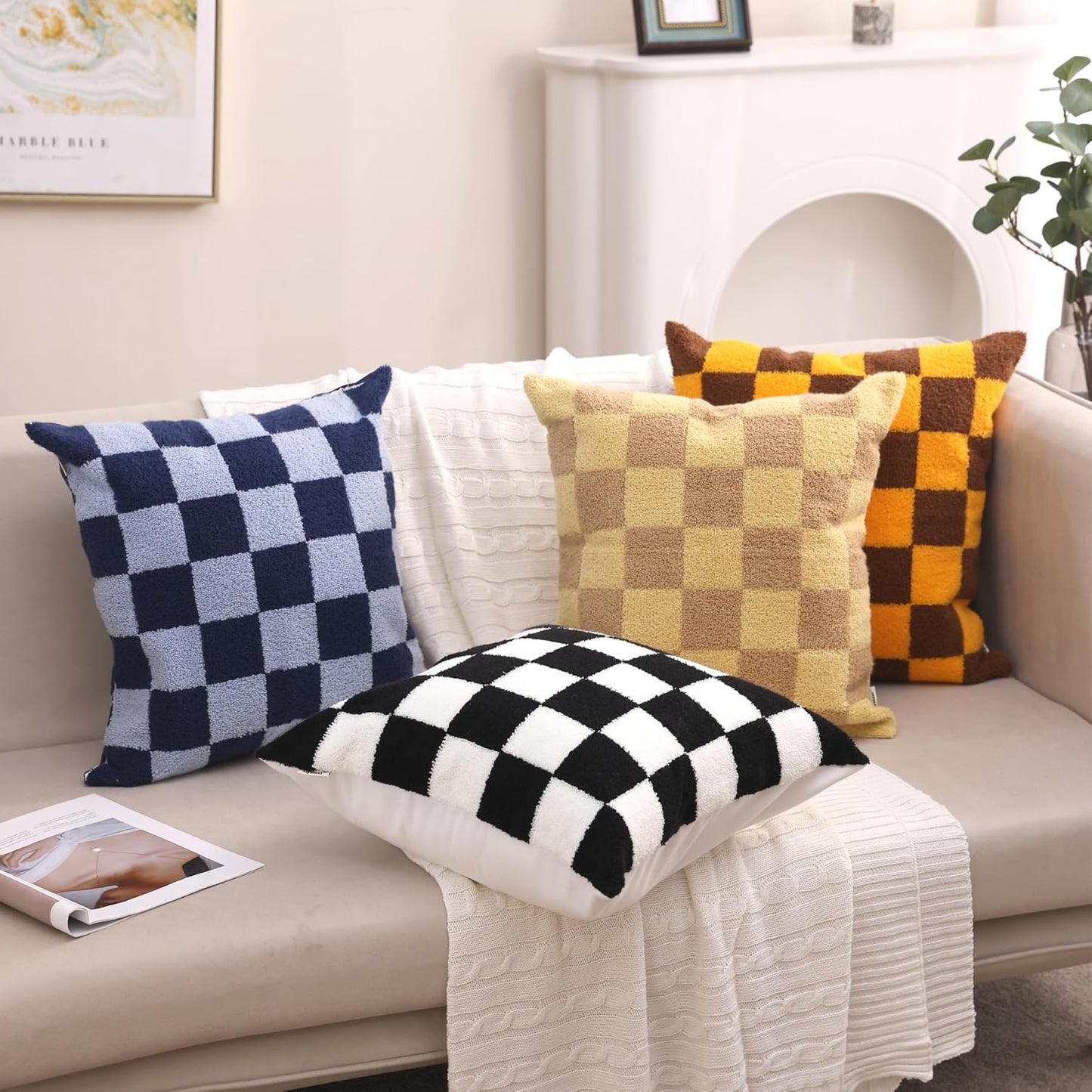 Alysheer Checkered Embroidered Decorative Throw Pillow Covers 18"x 18" Set of 2, Farmhouse Cottage Black White Plaid Tufted Patterned Cotton Canvas Cushion Case for Sofa Couch Bed Living Room