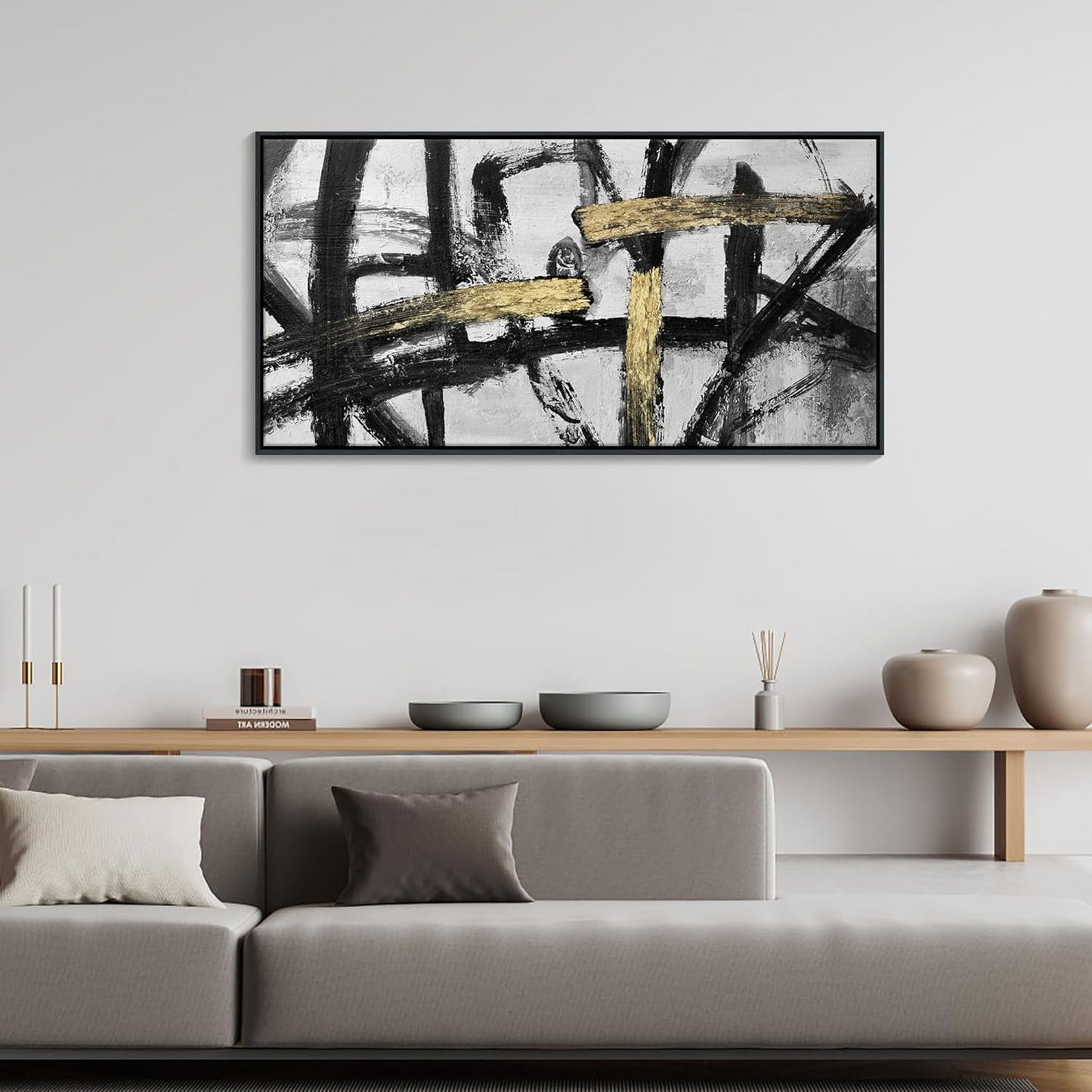 CHATYOUNG Large Framed Wall Art, Black and White Gold Graffiti Modern Abstract Paintings Hand Drawn Textures Canvas Prints Wall Pictures for Bedroom Living Room Office Decor 24 x 48 In