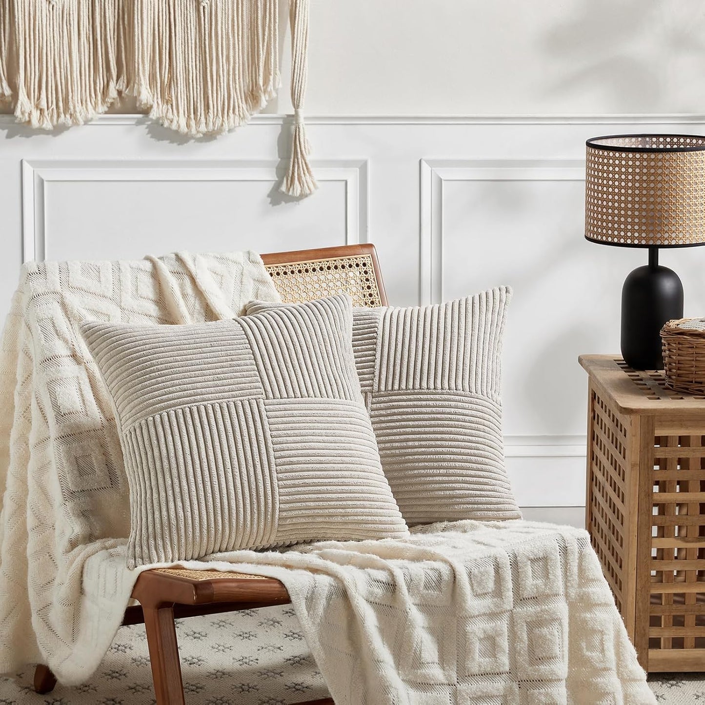 Fancy Homi 2 Packs Neutral Taupe Samll Decorative Throw Pillow Covers 14x14 Inch with for Couch Bed Sofa, Rustic Farmhouse Boho Home Decor, Soft Corss Patchwork Corduroy Square Cushion Case 35x35 cm