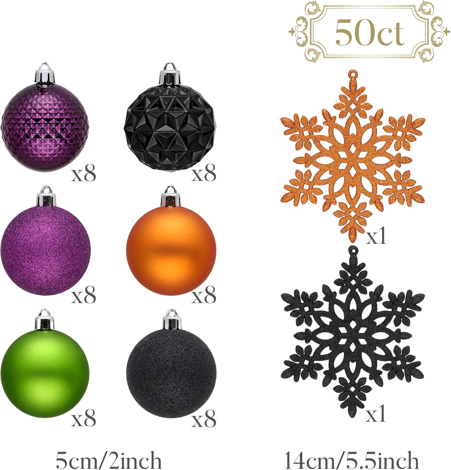 Valery Madelyn Christmas Tree Decorations Ornament Set for Fall Halloween, 50ct 2 Inches Orange Purple Black Shatterproof Christmas Ball Ornaments Hanging Xmas Holiday Party Decor