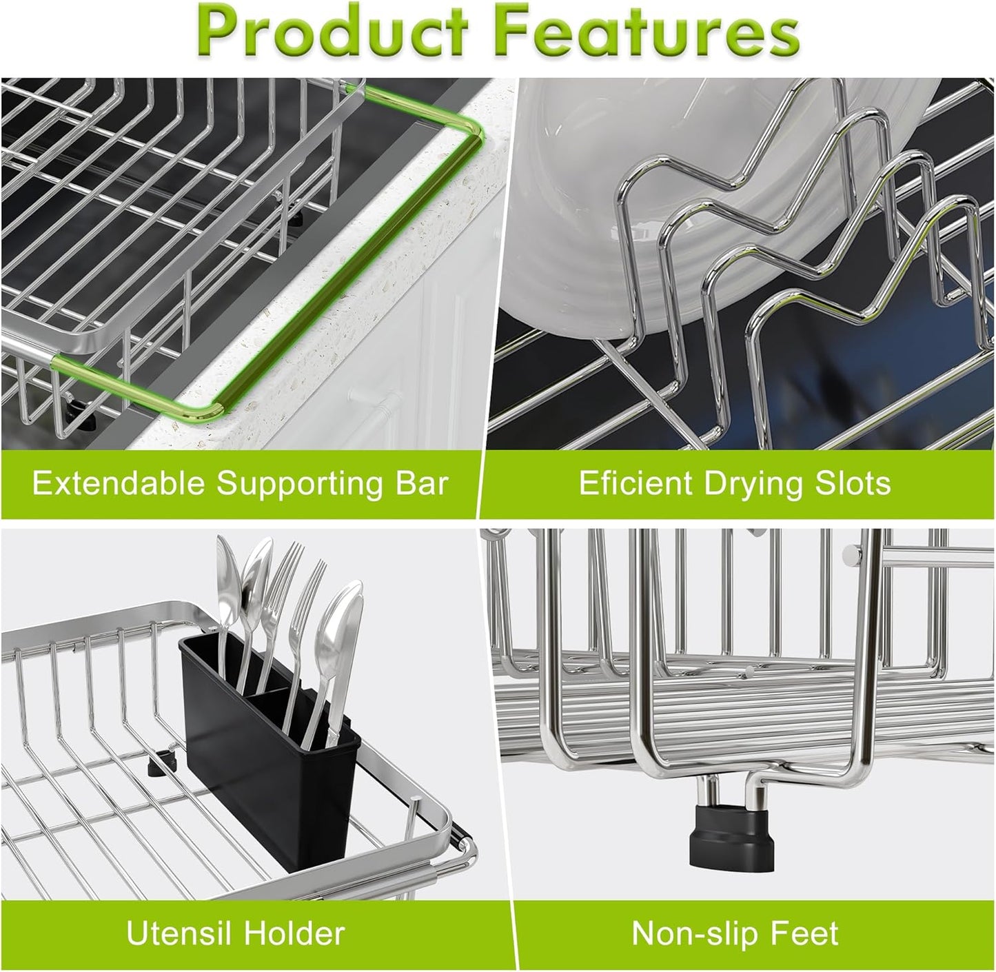 Dish Drying Rack in Sink, Expandable Stainless Steel Dish Drainer for Kitchen Sink, Dish Strainer Rack, Retractable Over Sink Dish Rack with Utensil Holder, 13.1''~16.6''D x 11.8''W, Silver