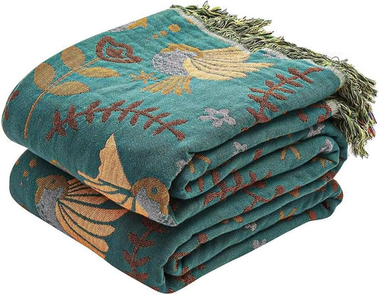 Boho Throw Blanket, 100% Cotton Ultra Soft Luxury Throw Rustic Quilt, 60"x80" Floral Printed Farmhouse Decor Bed Summer Blankets, All Season Rustic Reversible Bohemian Throw for Bed - Blue