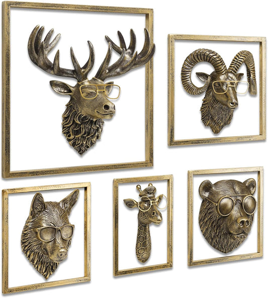 JJALIGHTS Animal Heads Wall Decor Resin Animals Sculptures Head Wall Hanging Decoration Imitation Copper vintage Wall Sculpture for Living Room Bedroom Office(5pcs,Includes Metal Frame)
