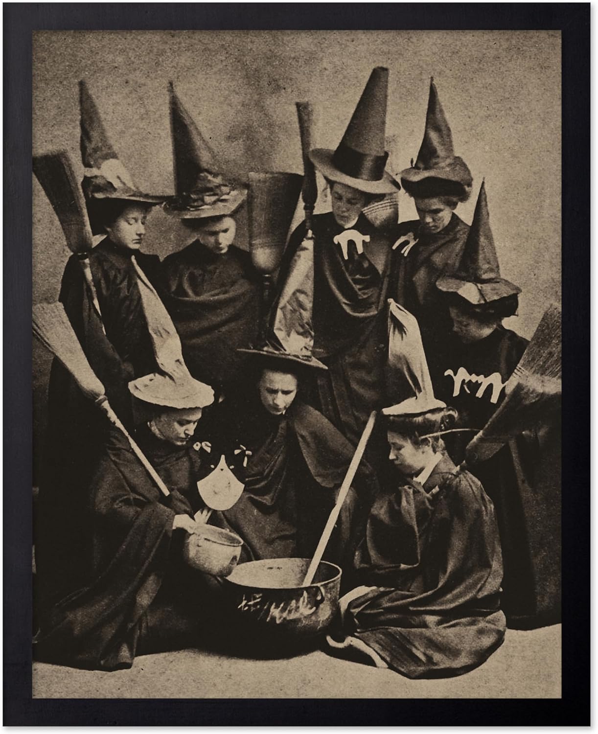 Poster Master Vintage Photograph Poster - Retro Halloween Print - Gift for Artist, Friend - Witches Cooking, Pointy Hats, Broomsticks, Black Magic - Wall Decor for Bedroom, 11x14 Black Framed
